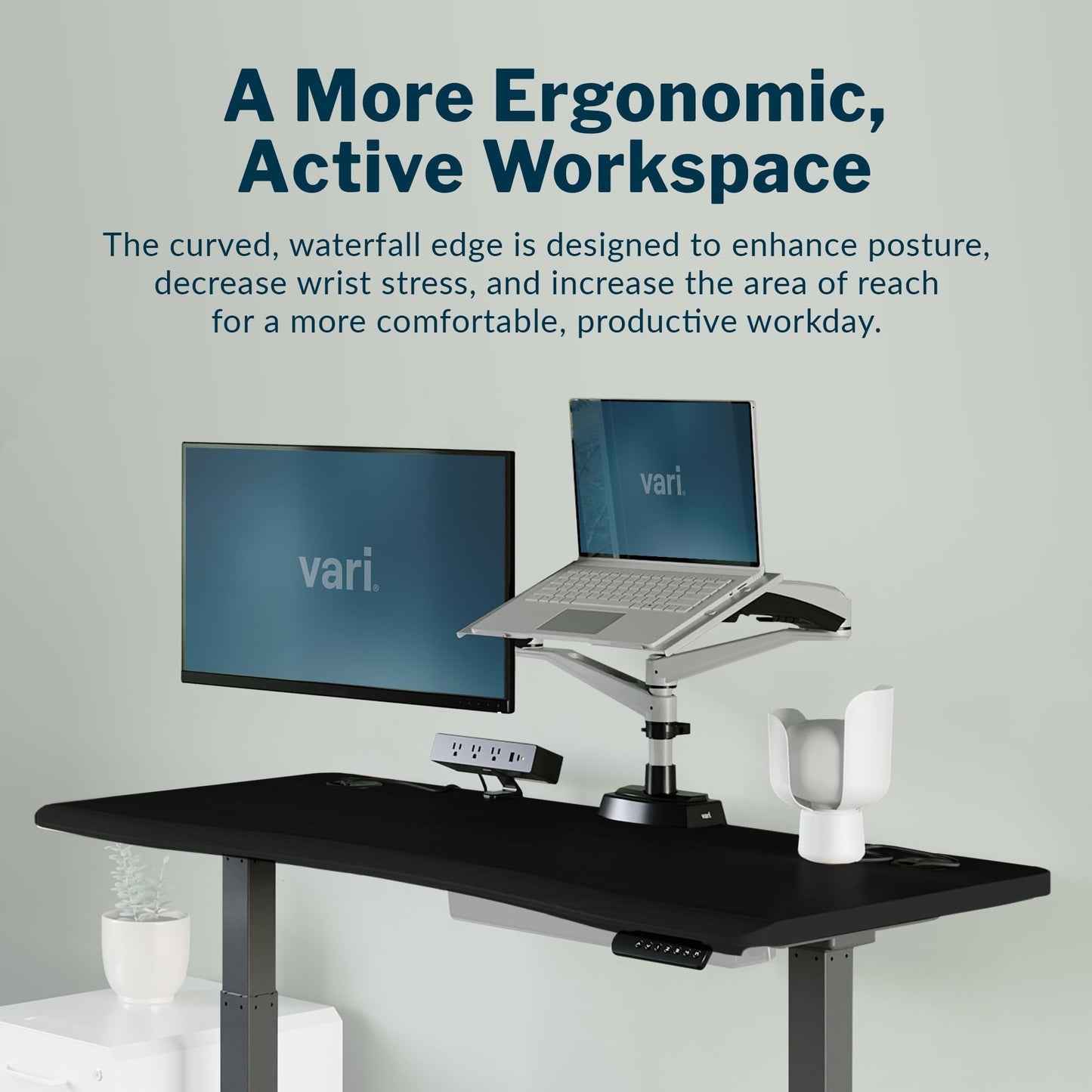 Vari Ergo 54x26 Electric Standing Desk – Height Adjustable Sit Stand VariDesk + Curved Waterfall Edge, 4 Memory Settings, Quick Assembly, Cable Management, 200 lb Capacity – Black (2 Boxes)