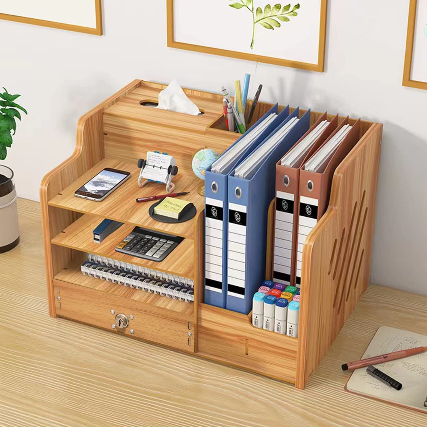 Zyners Bamboo Desk Organizer, Desktop Wood Bookshelf File Organizer, Pen Holder and Tissue Holder, 1 Drawer with lock for Office, Home, Need to Install(Cherry Wood)