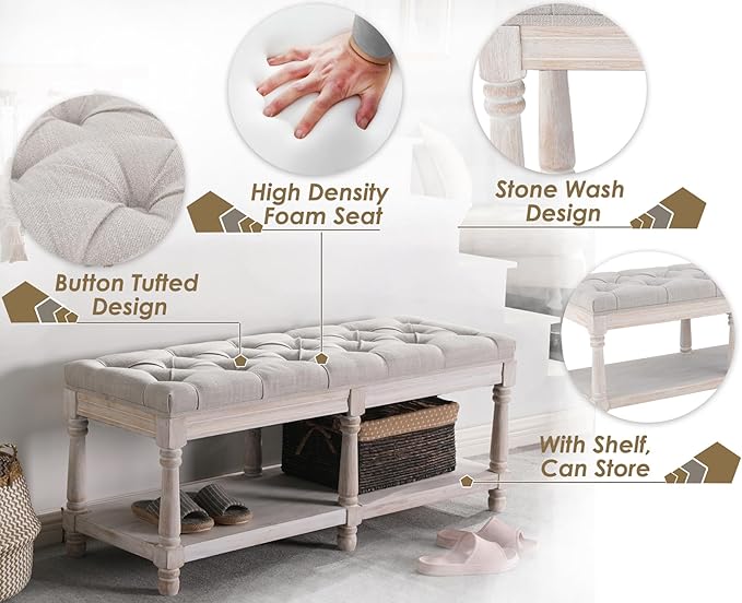 Farmhouse Storage Bench Wooden Entryway Upholstered Tufted Ottoman Bench