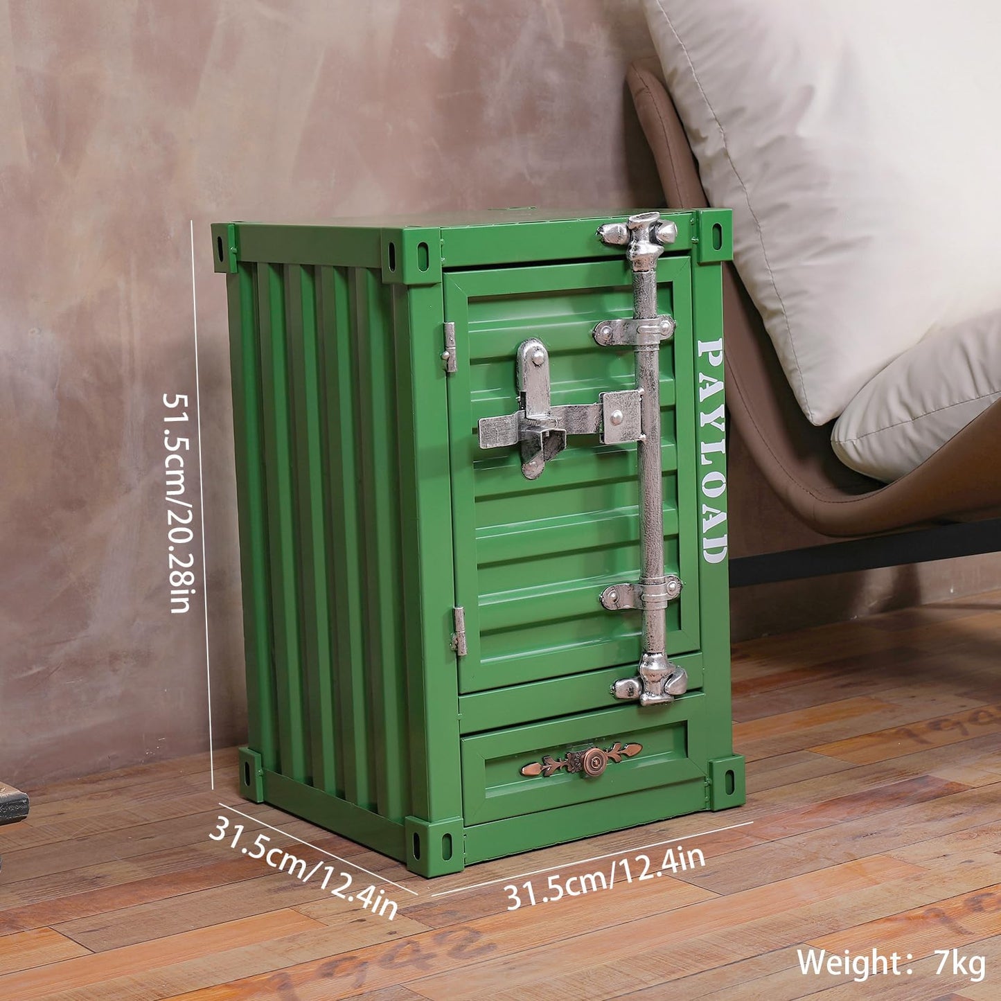 Runeqxar Industrial Shipping Container Nightstand - 20 Inch 3-Tier Iron Bedside Table with Drawer, Handcrafted Rustic Distressed Metal End Table for Bedroom, Bar, Garage (Green)