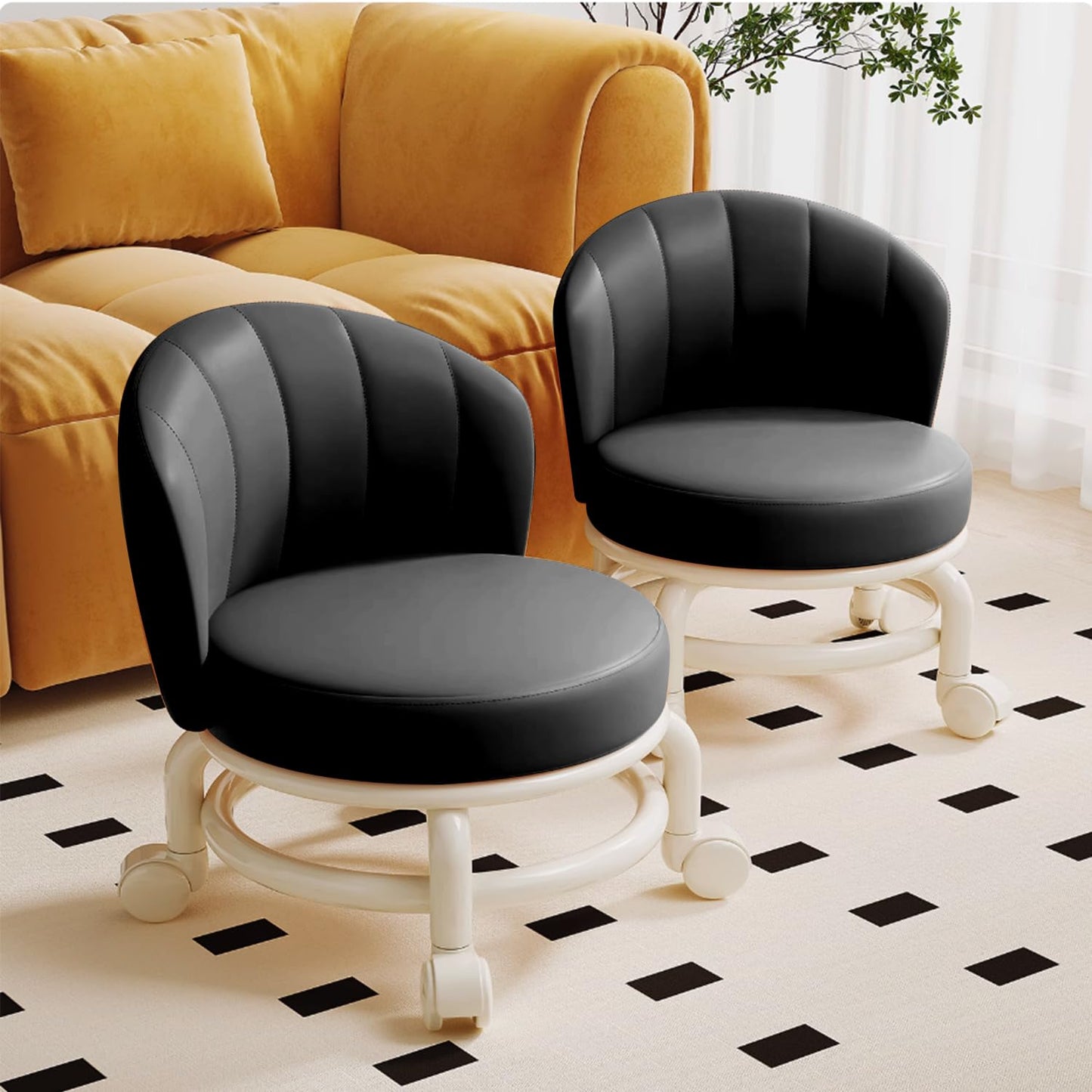 Sejone Low Rolling Stool with Backrest,Rolling Pedicure Seat,Low Stool with Wheels for Home, Office, Garage, Shop, Library (Black)