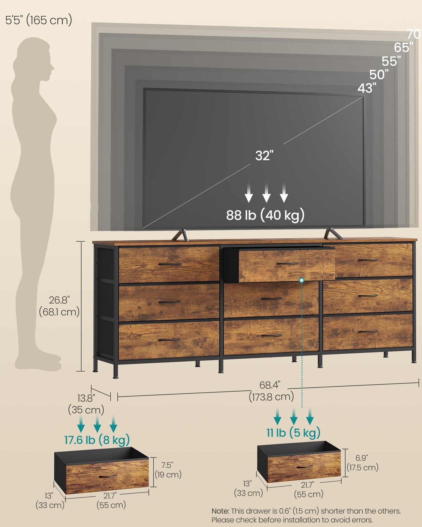 SONGMICS BELLAH Collection - Dresser for Bedroom, TV Stand for TVs Up to 70 Inches, Chest of Drawers for Living Room, Closet, Steel, 9 Drawers, Industrial, Rustic Brown and Ink Black ULGS233KD02S