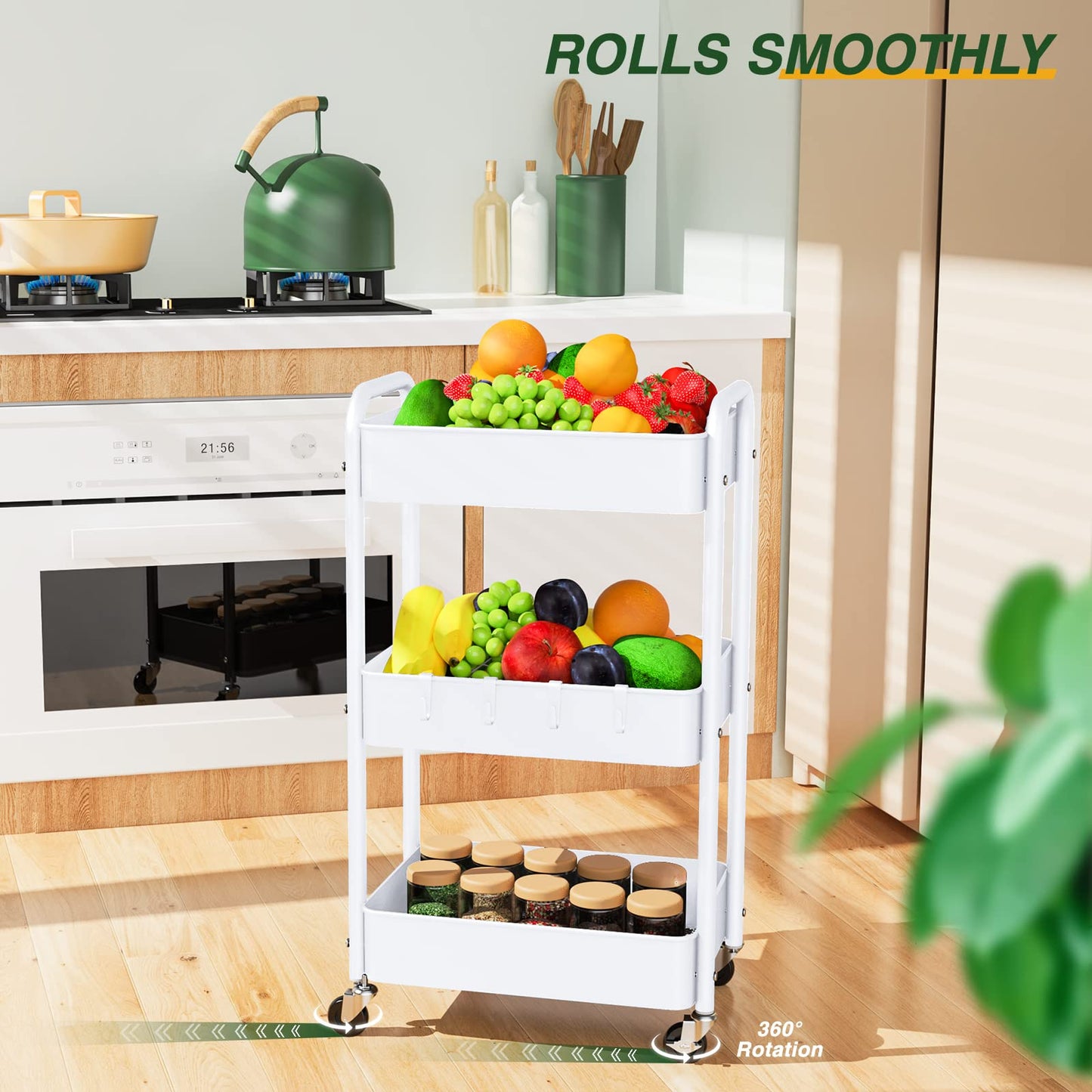 LEHOM 3 Tier Rolling Cart, Metal Rolling Utility Cart with Lockable Wheels & Hooks, Multi-Functional Heavy Duty Storage Cart Organizer for Bathroom, Kitchen, Office, Living Room