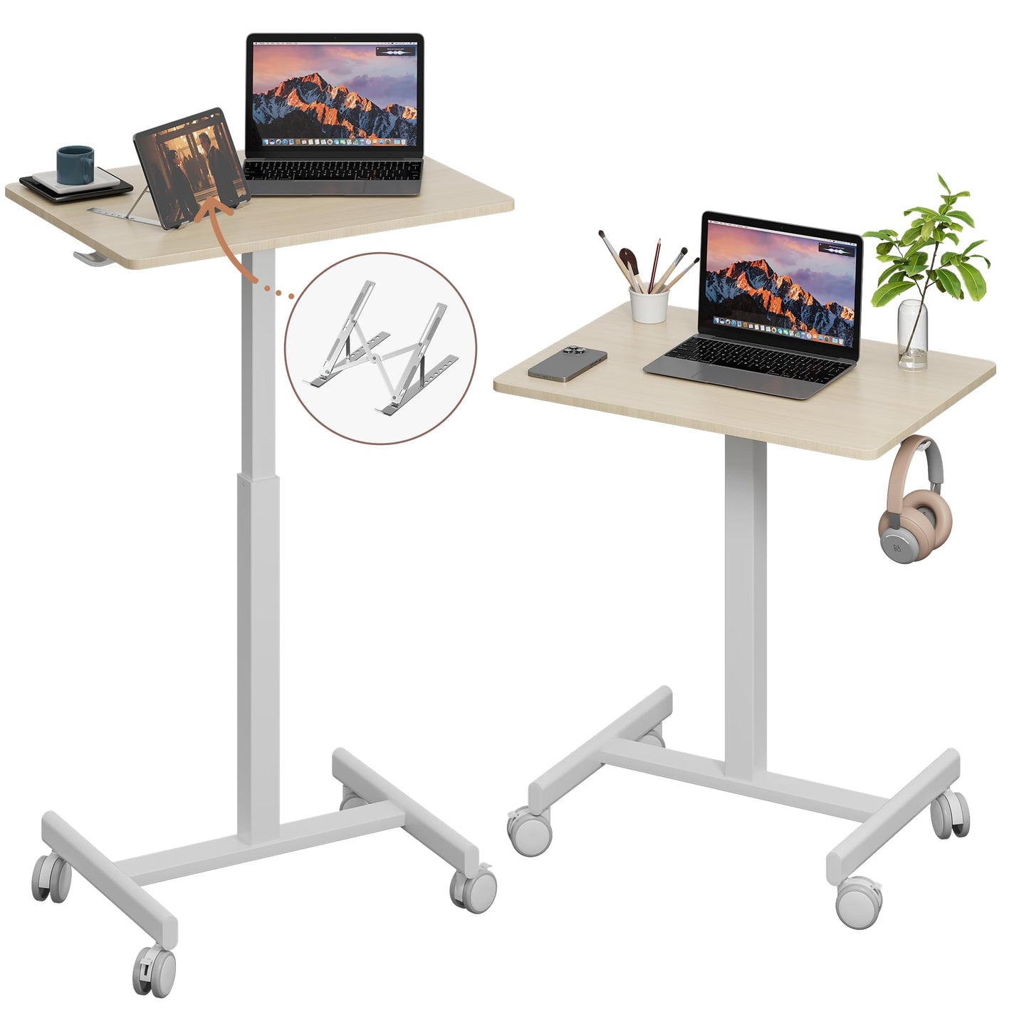 Gamork 18.9*25.6 inch Mobile Standing Desk,T Shaped Pneumatic Adjustable Height Stand Up Desk,with Lockable Wheels,Ergonomic Standing Side Table for Home Office Work Computer Workstation MAPLE+WHITE