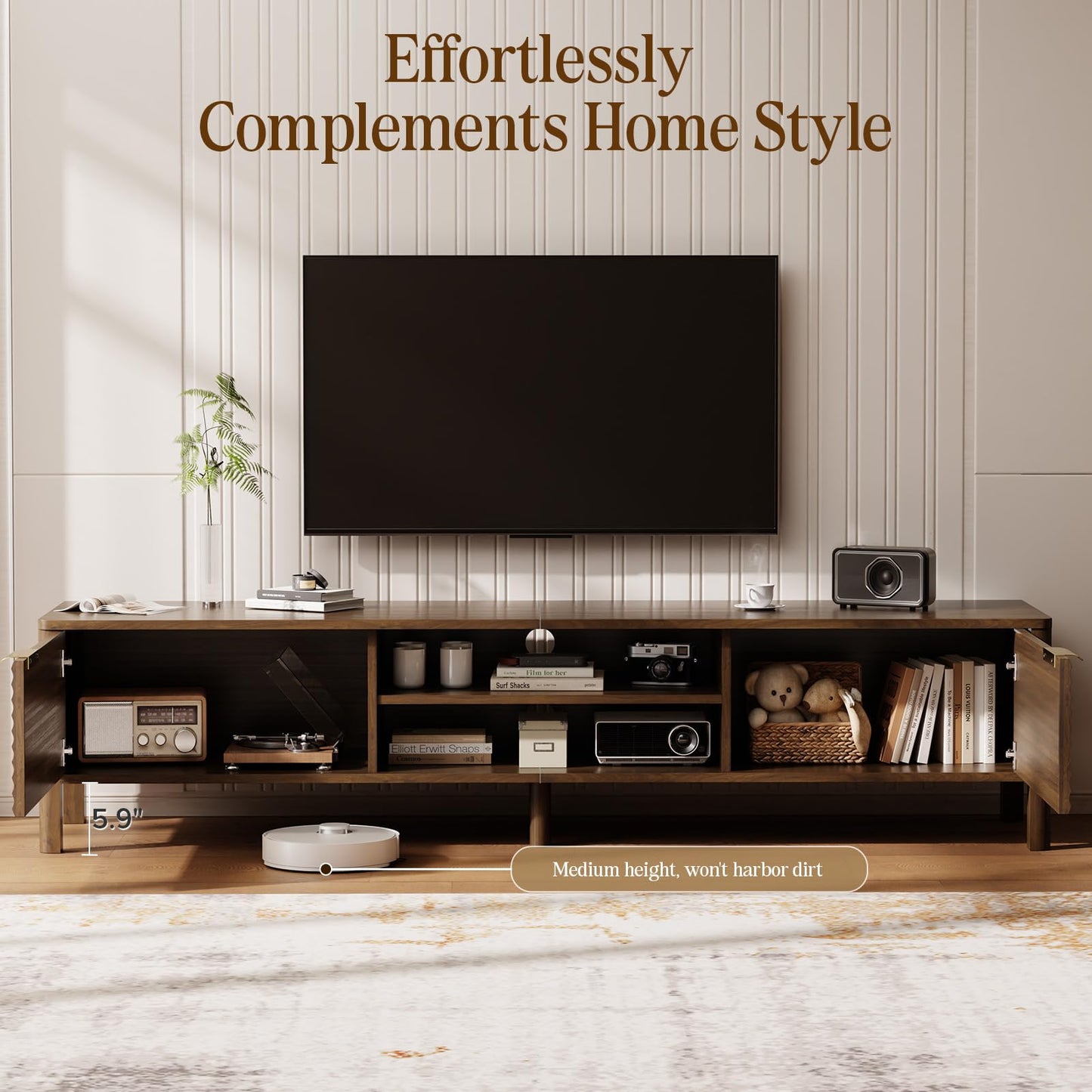 IKALIFE TV Stand for Living Room - up to 80 Inch TVs Mid Century Modern Entertainment Center with Storage and Adjustable Shelves, Media Console Table Walnut 71"
