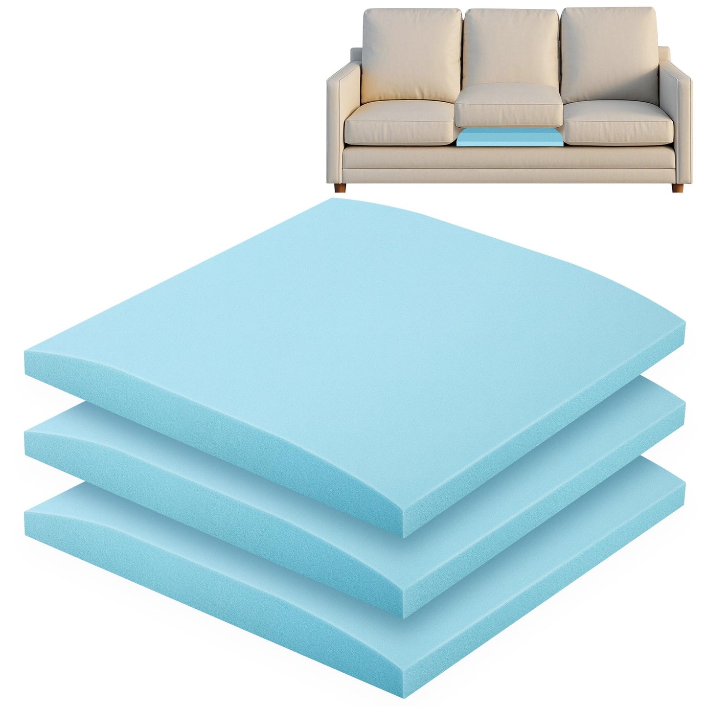 moonoom 22"x22" Couch Cushion Support, Blue Sofa Cushion Sagging Repair, Curved High Density Foam Replacement for Furniture Sagging Seat Sectional Loveseat Chair (3 Pcs)