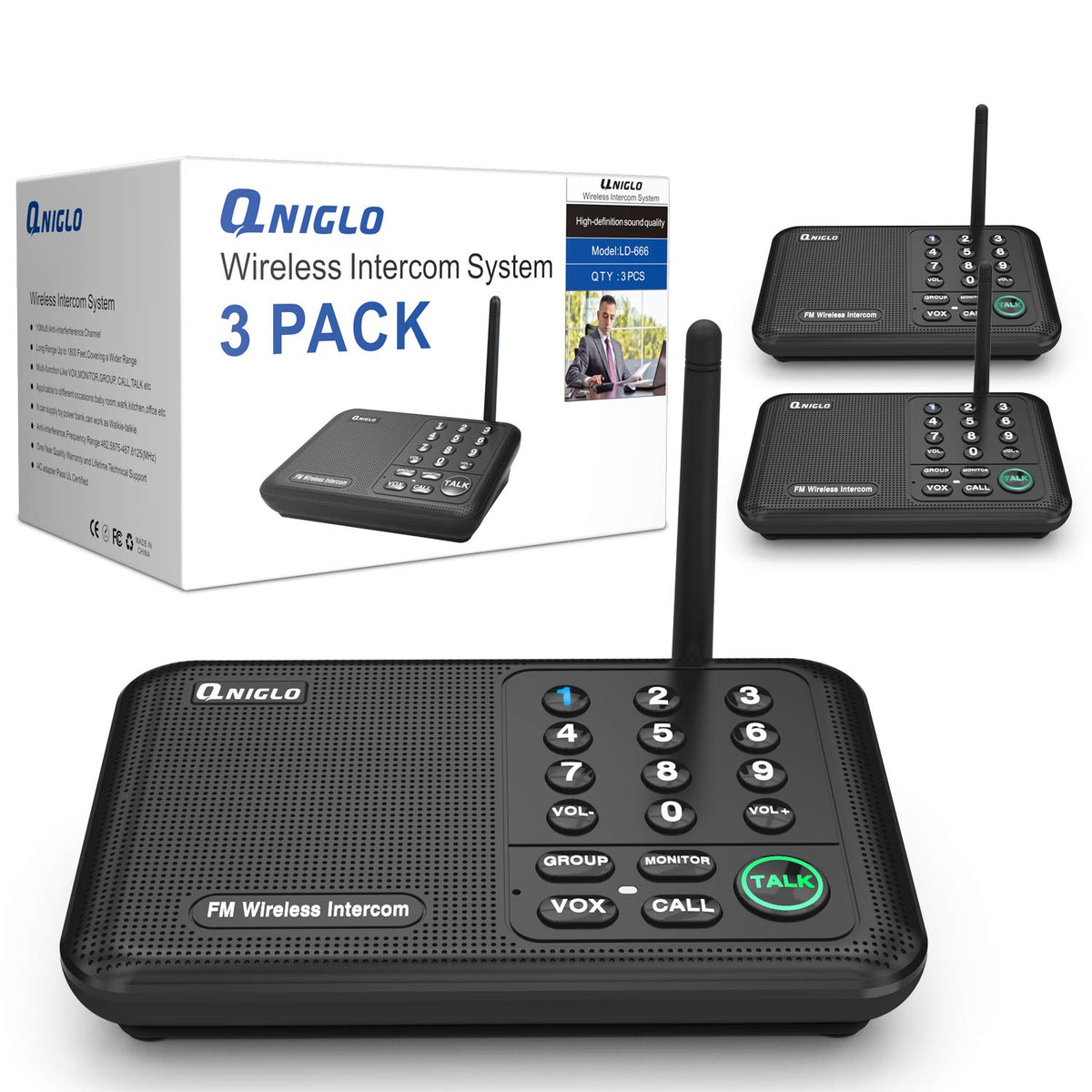 Intercoms Wireless for Home, 5280 Feet Long Range Wireless Intercom System for House, 10 Channels Intercoms System for Business, Room to Room Intercom System with Monitor for Elderly LD666-3P