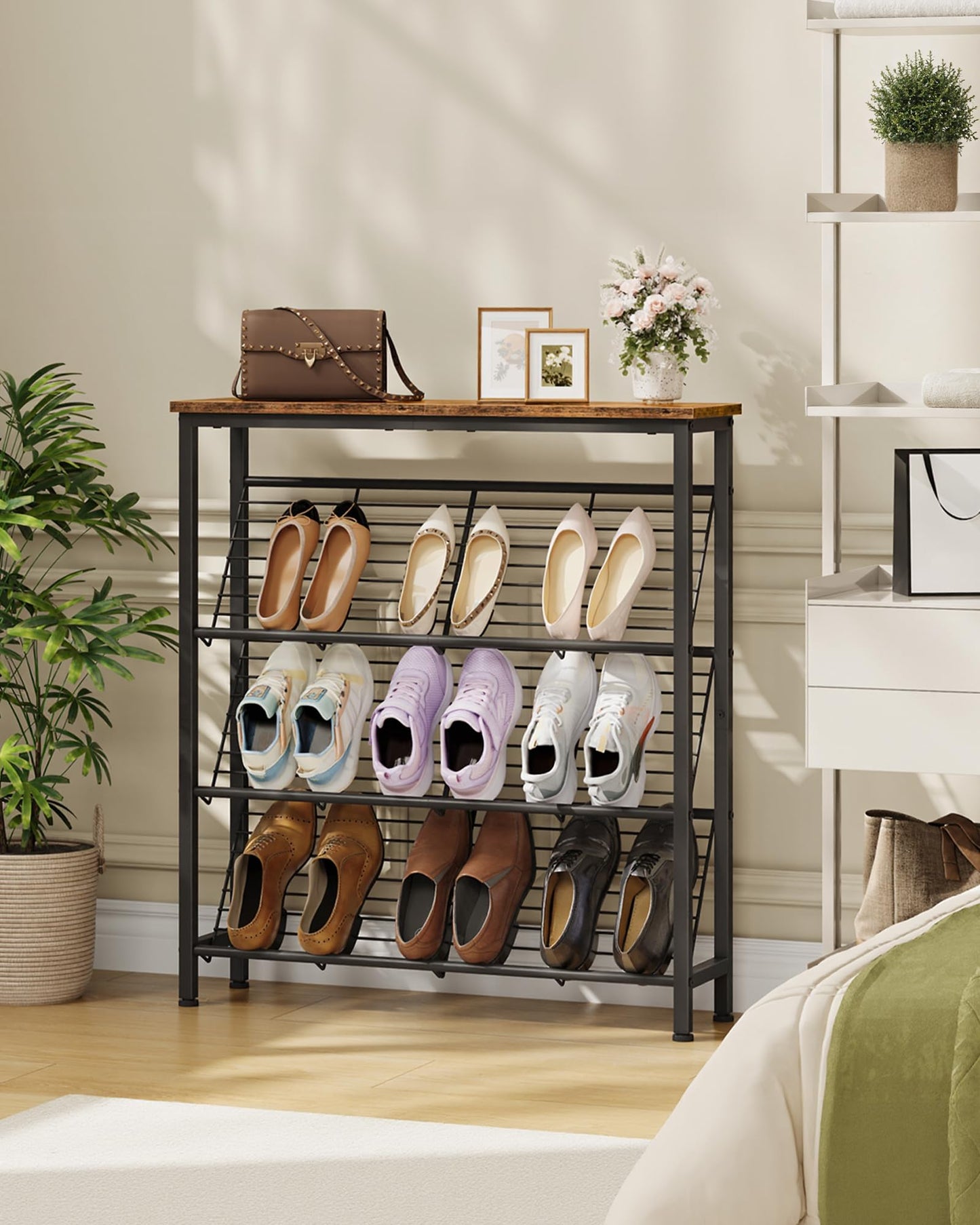 CHOEZON Shoe Rack, 4-Tier Narrow Shoe Storage Shelf, Slim Shoe Rack with Wooden Top and Metal Shelves, Slanted Shoe Organizer, Industrial Style, for Entryway, Hallway, Rustic Brown and Black TXJ76BF