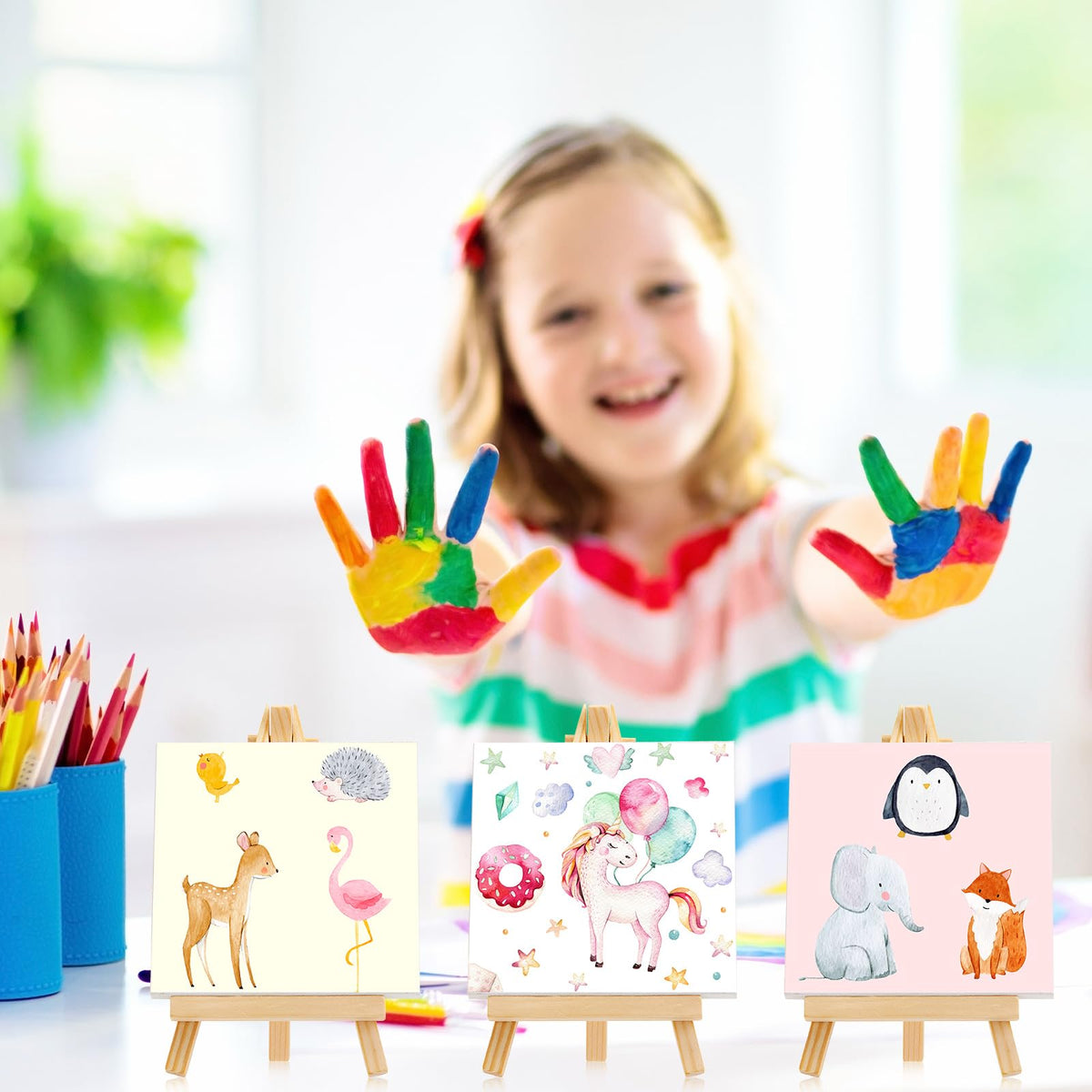 Mimorou 32 Pack Mini Canvas with Easel Sets for Painting Small Art Stretched Canvas Panels Pack with Sturdy Wood Display Easel for Classroom Crafts End of The Year Gifts (3 x 3 Inch)