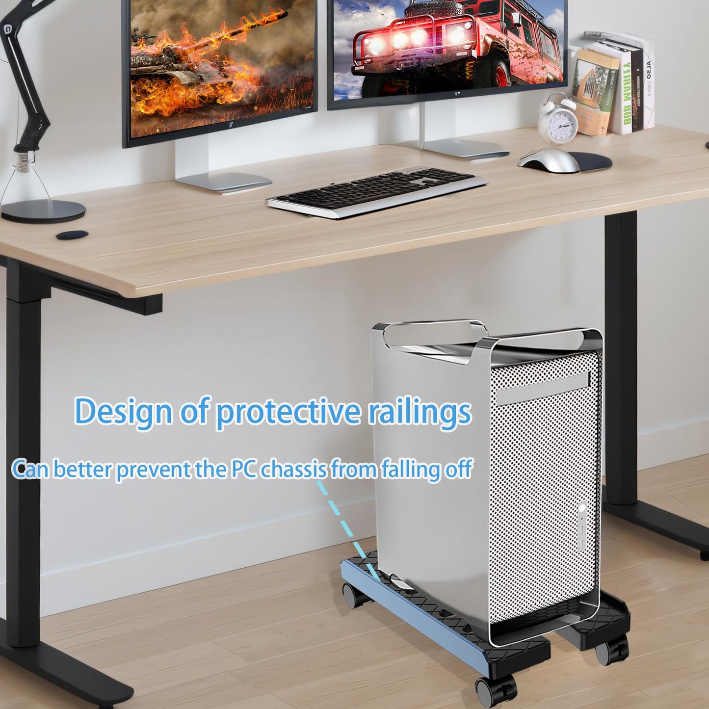 Hovadova Adjustable Mobile CPU Stand, Ventilated Computer Tower Stand with 4 Caster Wheels Fits Most PC Tower, Under Desk CPU Holder PC Floor Cart Computer Riser for Gamers and Students (Large Black)