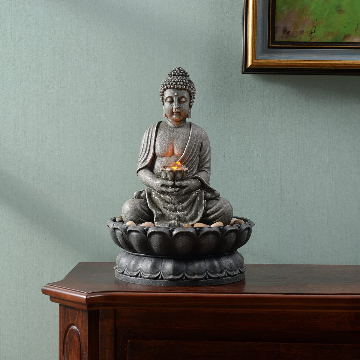 GOSSI 11.2 Inch Tall Indoor Tabletop Buddha Fountain with Reflective Lighting and Cobblestone Base, Zen Desk Water Fountain for Office and Home Decor