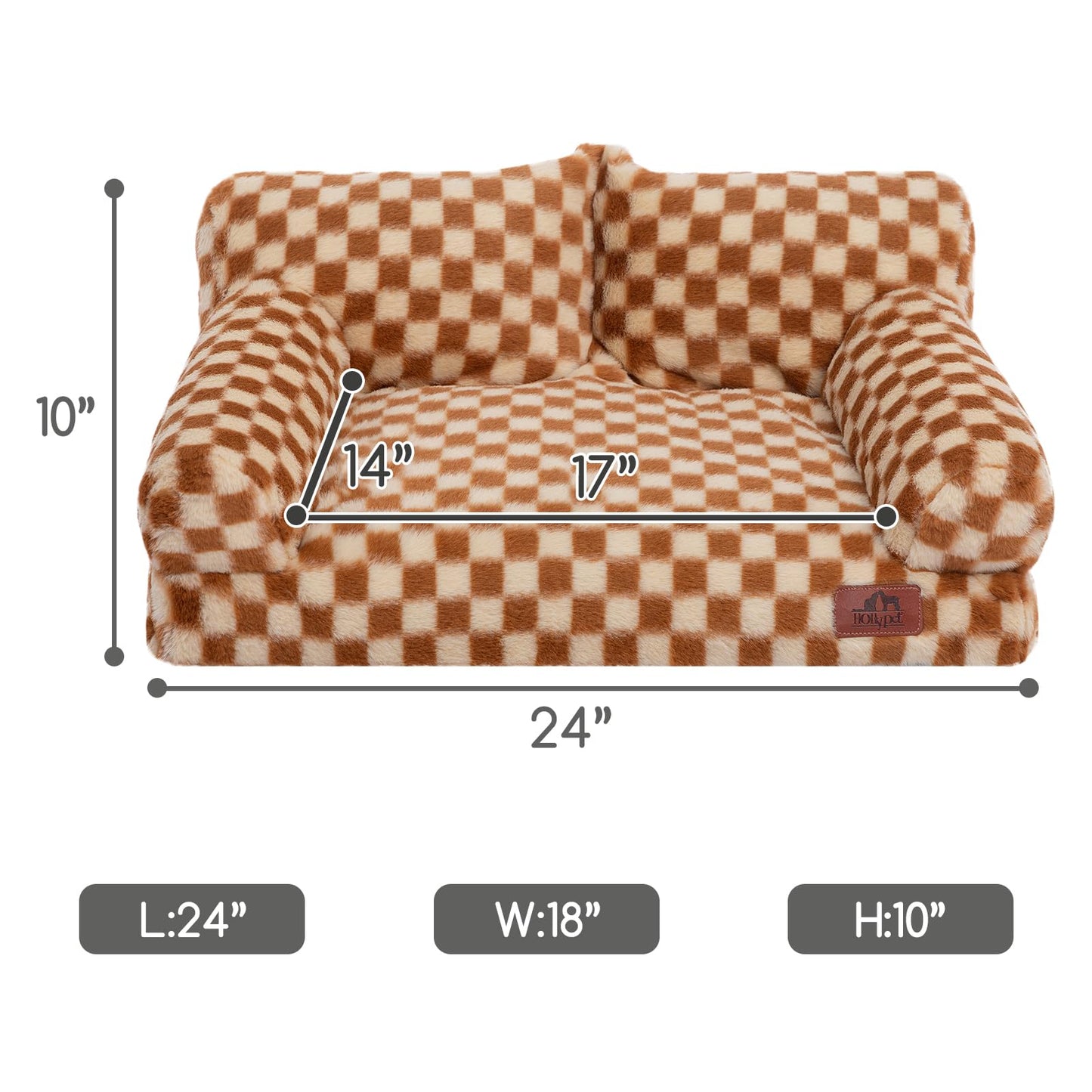 Hollypet Fluffy Dog Cat Bed Pet Couch Beds Plush Soft Warming Washable Puppy Bed for Small Medium Dogs and Large Cats, Brown and Light Yellow, 24" L x 18" W x 10" Th