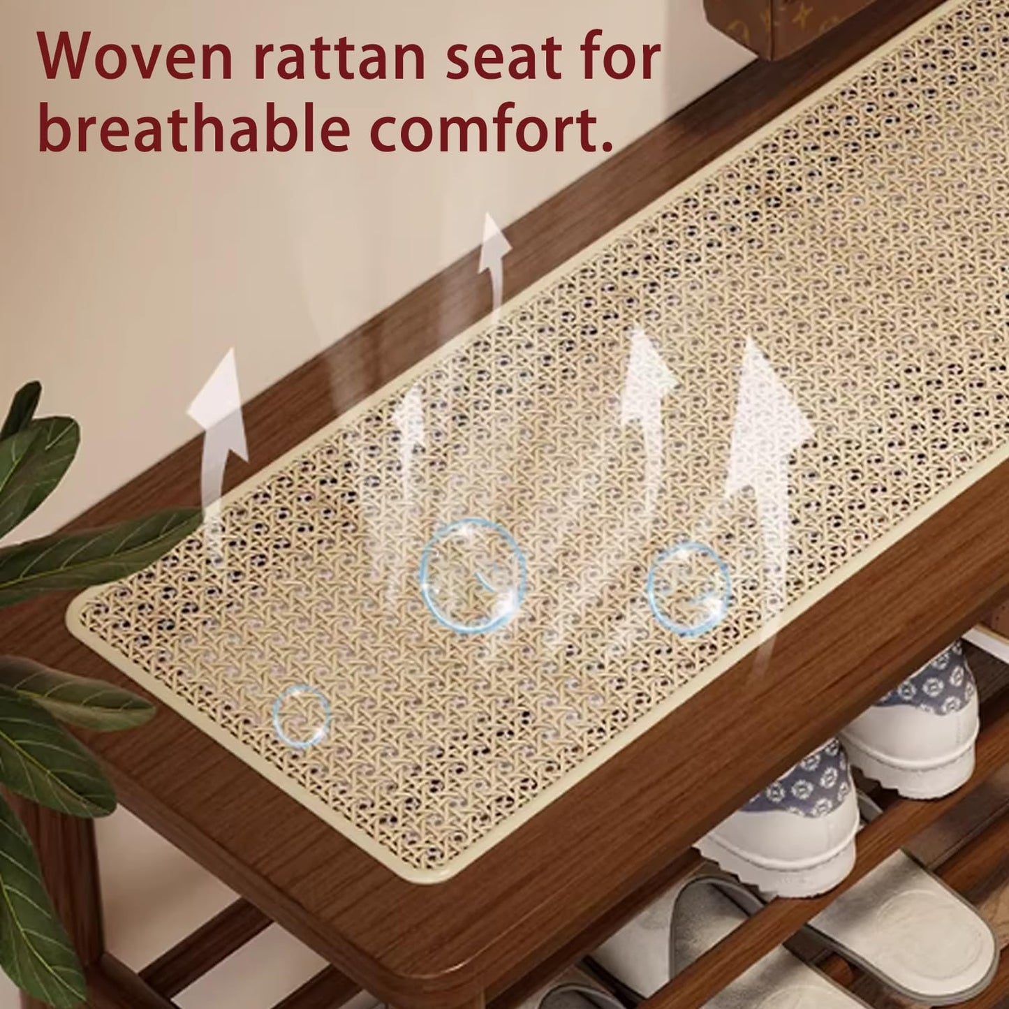 latifolia Shoe Rack Bench, 3-Tier Bamboo Shoe Bench with Breathable Rattan Seat Cushion, Shoe Storage Rack for Entryway(Walnut,31.50''L)