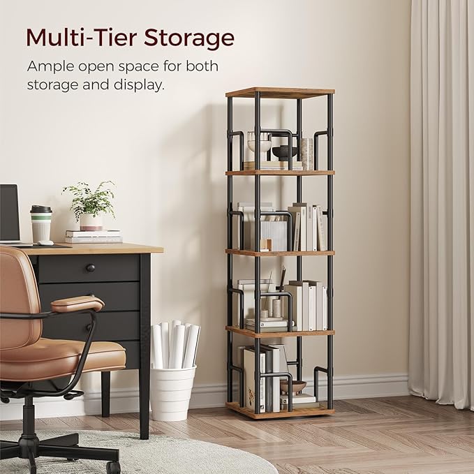 MAHANCRIS 4-Tier Rotating Bookshelf, Freestanding Corner Bookshelf, 360°