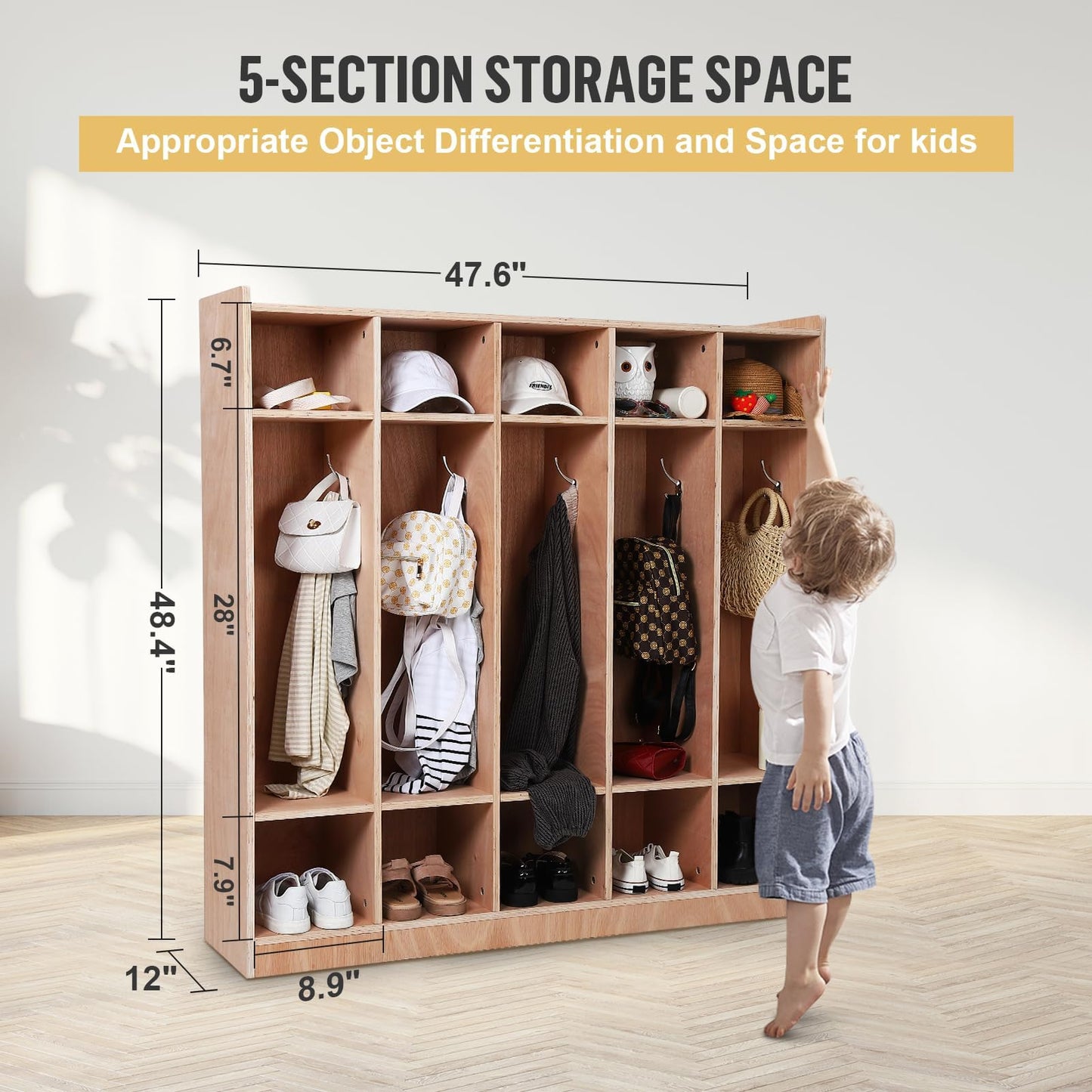 Garvee 5-Section Classroom Coat Locker with 10 Cubbies, Wheeled Daycare Cubbies with 5 Hooks & 2 Storage Boxes, Kindergarten Lockers for Home, School