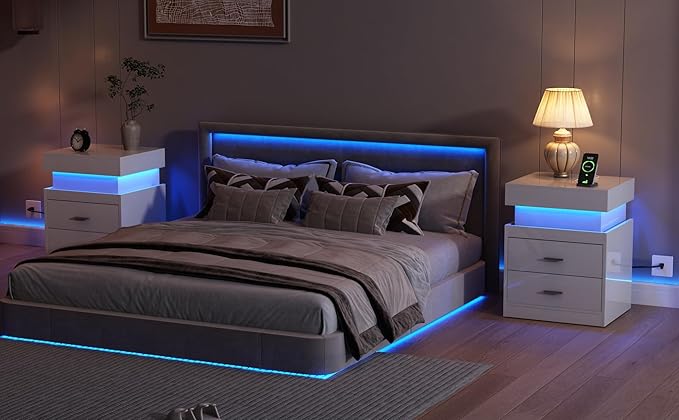 ChooChoo LED Nightstand Set of 2, Smart Night Standwith Charging Station and