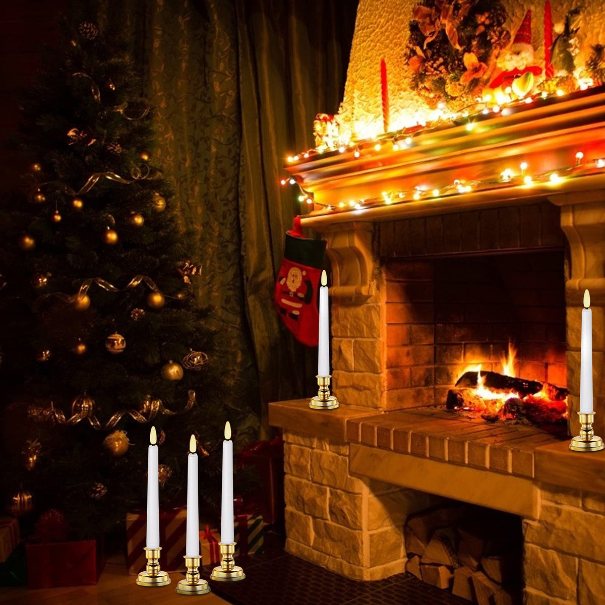 Daord LED Christmas Window Candle with 2 Remotes Battery Operated Flameless Taper Candles Warm Light Flickering and Timer for Wedding Party Holiday Home Table Decoration (9 Packs,White+Gold Holder)…