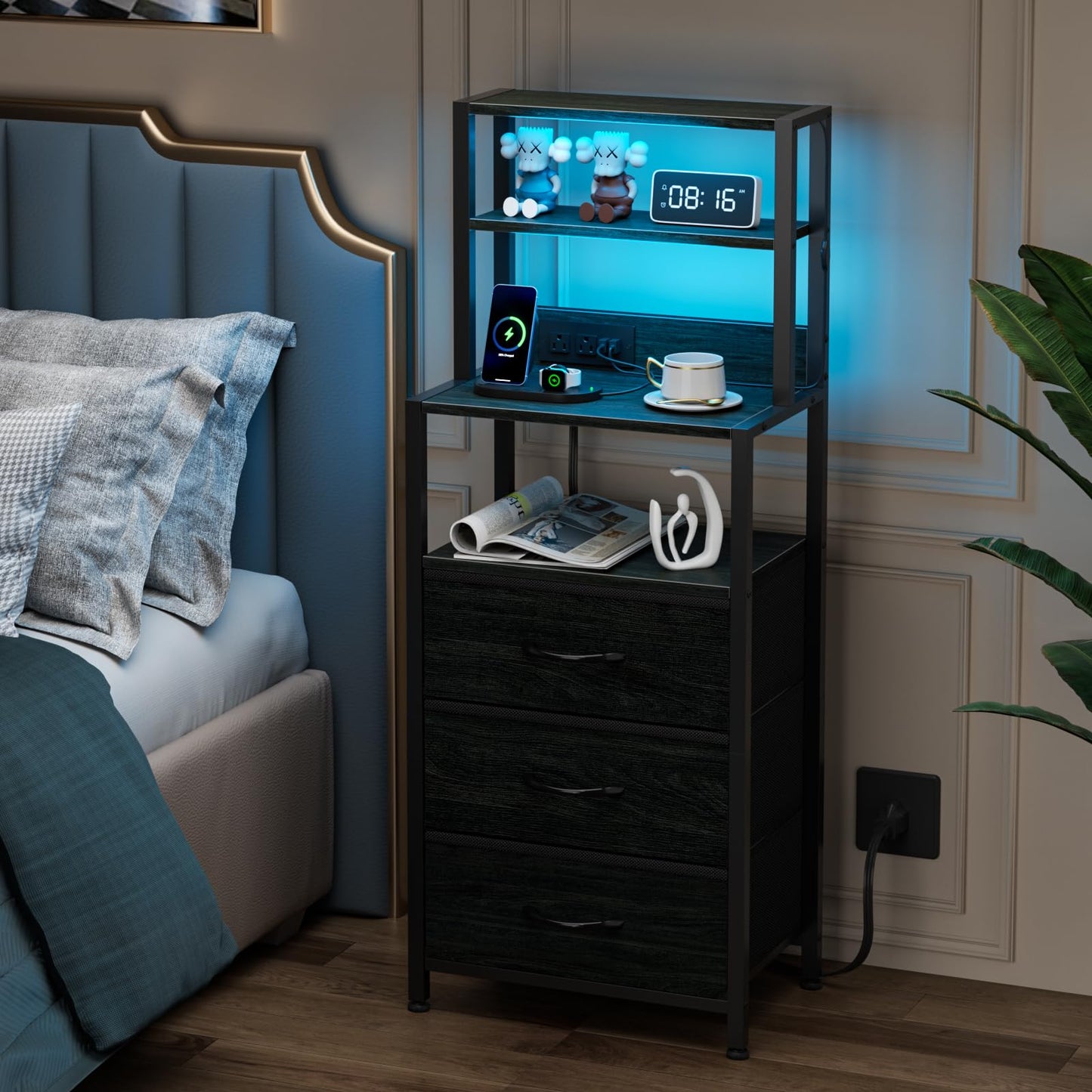 Furnulem Night Stand, Tall Nightstand with 4-Tier Shelves and 3 Fabric Drawers, LED Bed Side Tables with Charging Station, Bedside Table for Bedroom, Hallway, Home Office, Black Oak
