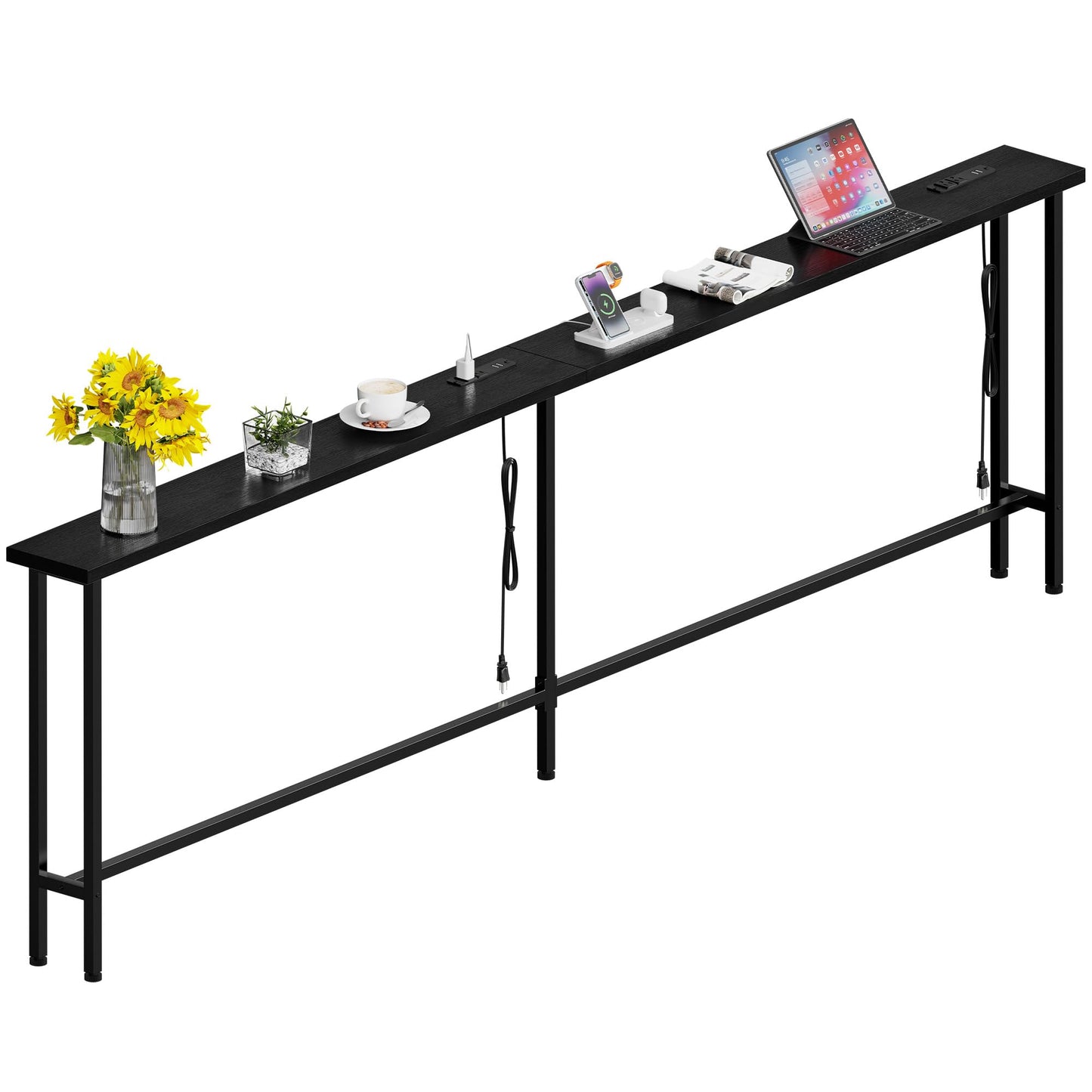 GRLEAF 90" Sofa Table with Built-in Power Strip (4 AC Outlets & 4 USB Ports) – 4.9ft Power Cord, Metal Frame, Easy Assembly, Long Couch Table Behind Sofa, Living Room and Home Office | Black