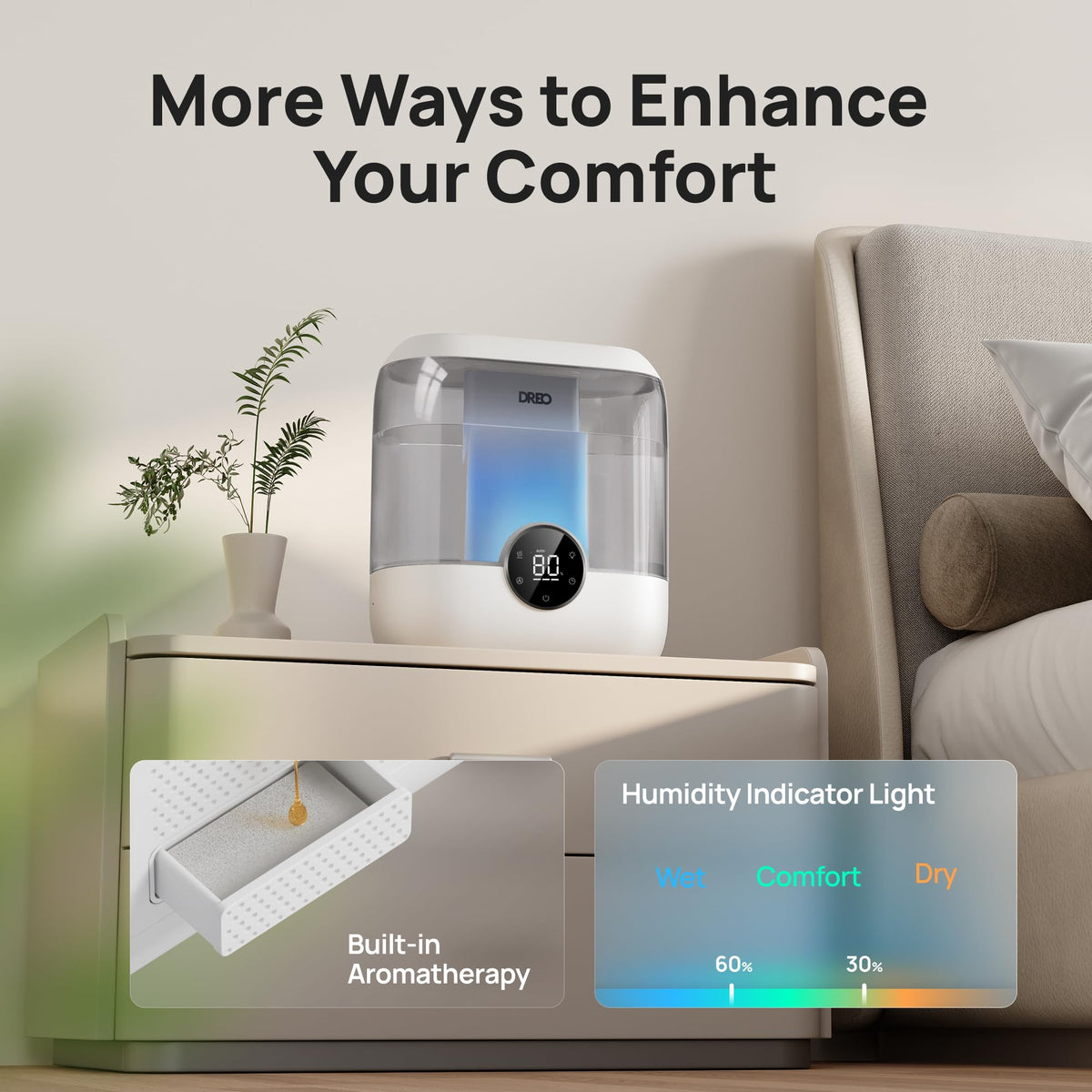 DREO 6L Top Fill Humidifiers for Bedroom, 60H Runtime 28 dB Quiet Supersized Cool Mist Air Humidifiers for Large Room, Baby Nursery, Plant, Indoor, Night Light, Easy to Clean, Precise Humidity Control