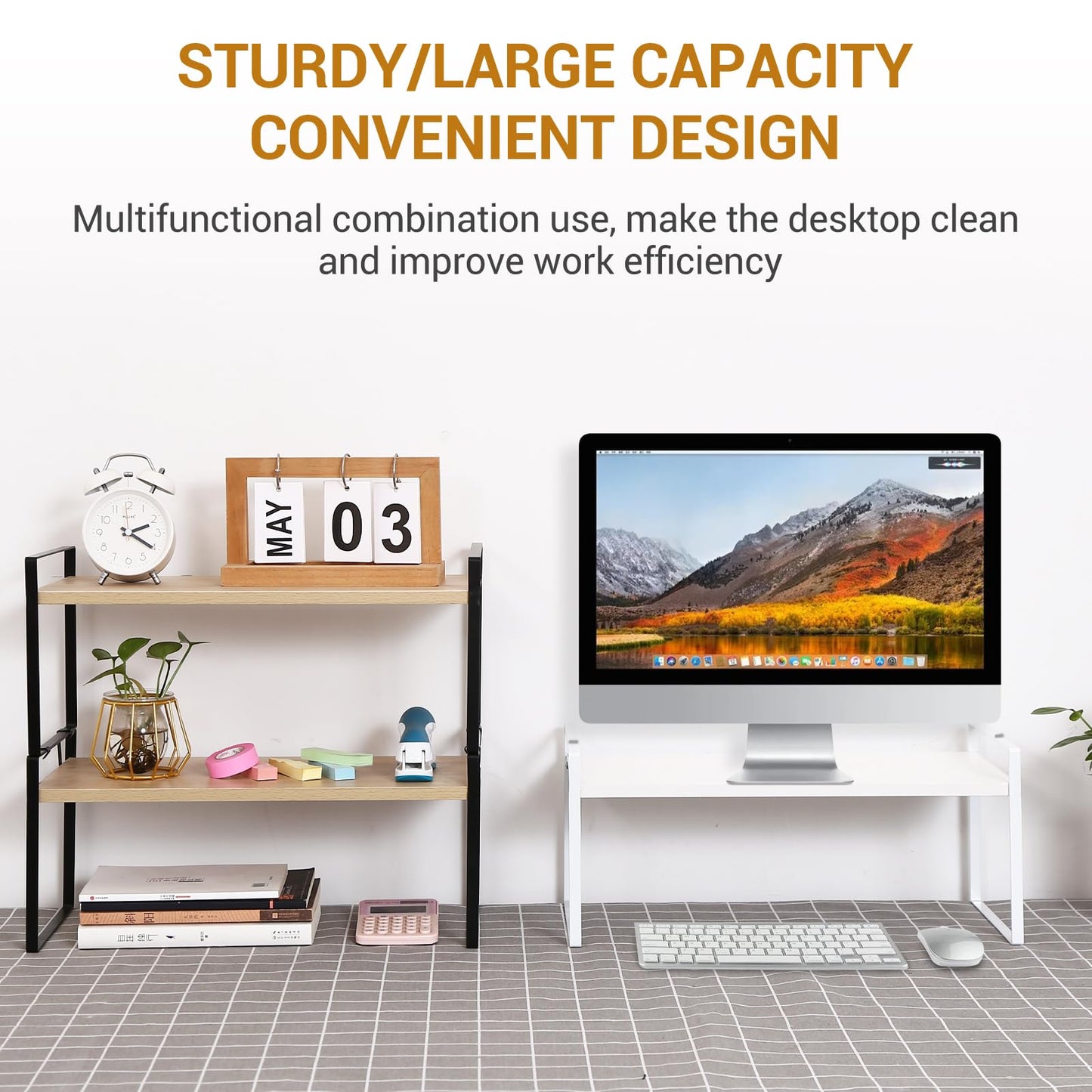 Desk Shelf Organizer for Top of Desk, Detachable 2 Tier Desktop Bookshelf, Wooden Desk Shelves Storage Rack, Small Desktop Shelf for Office Home Dorm, Tabletop Desk Organizer Stand (White+White)
