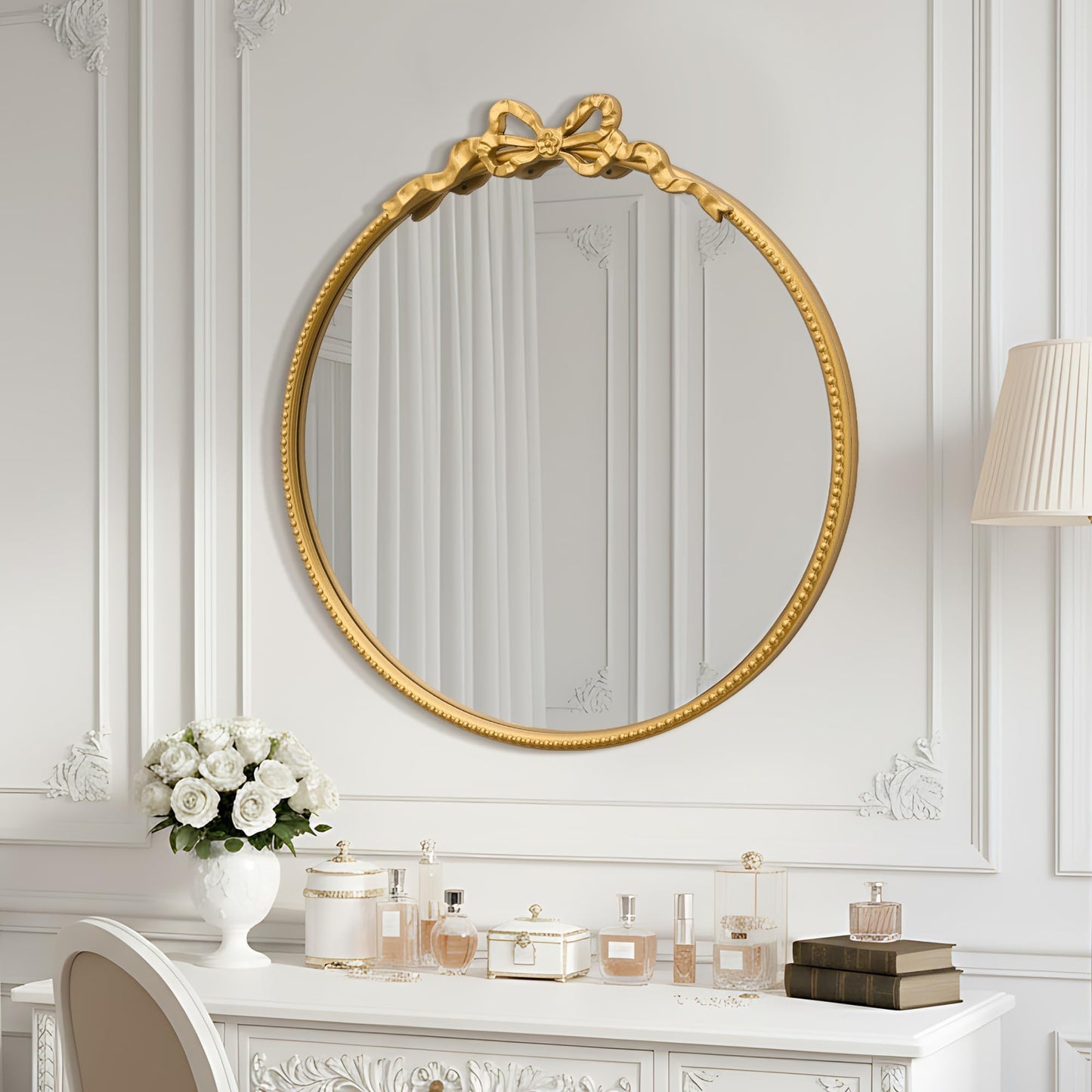 Besdomus Gold Round Bow Mirror: 27" Modern Circle Bathroom Vanity Mirror - Baroque Traditional Ornate Beaded Decorative for Wall/Cloakroom/Bedroom/Dressing Room - Ideal for Fashion Conscious Women