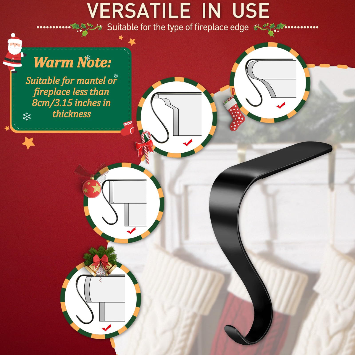 Edoneery Christmas Stocking Holders for Mantle with Silicone Anti-Slip Strips, Fireplace Mantel Stocking Hangers for Shelf, Garland Grips Hooks for Xmas & Family Party Decoration (Black, 4)