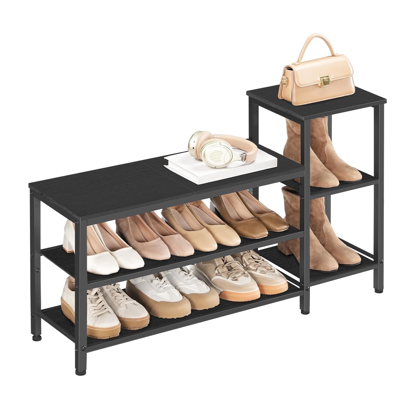 YATINEY 3-Tier Shoe Rack Bench, Wooden Shoe Storage Bench, Industrial Entryway Bench with Storage, Multi-Functional Shoe Rack with Seat for Bedroom, Hallway, Living Room, Black HX05BB