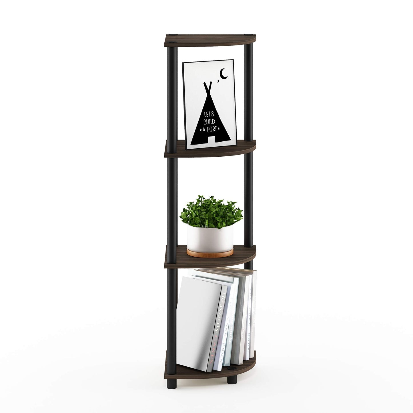 Furinno Turn-N-Tube Toolless Assembly 4-Tier Corner Shelf, Rustic Brown Corner Book Shelf, Open Shelves Bookshelf, for Organization and Storage, Living Room, Home Office, Bedroom, Brown Walnut