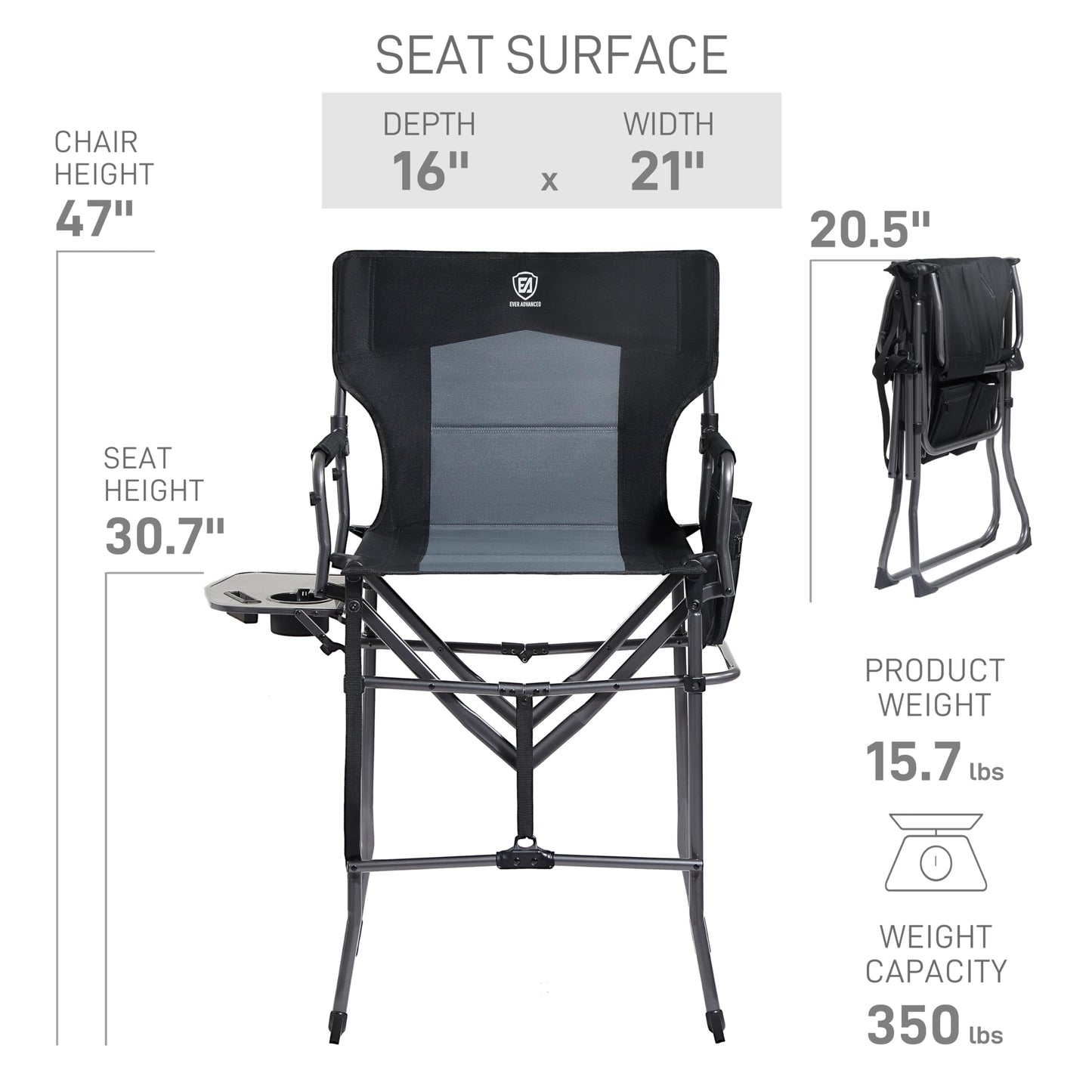 EVER ADVANCED 2 Piece Portable 30.7" Seat Height Tall Folding Camping Chair Directors Chair High with Side Table for Makeup Artist, Sports Event, Craft Show, Supports 350LBS