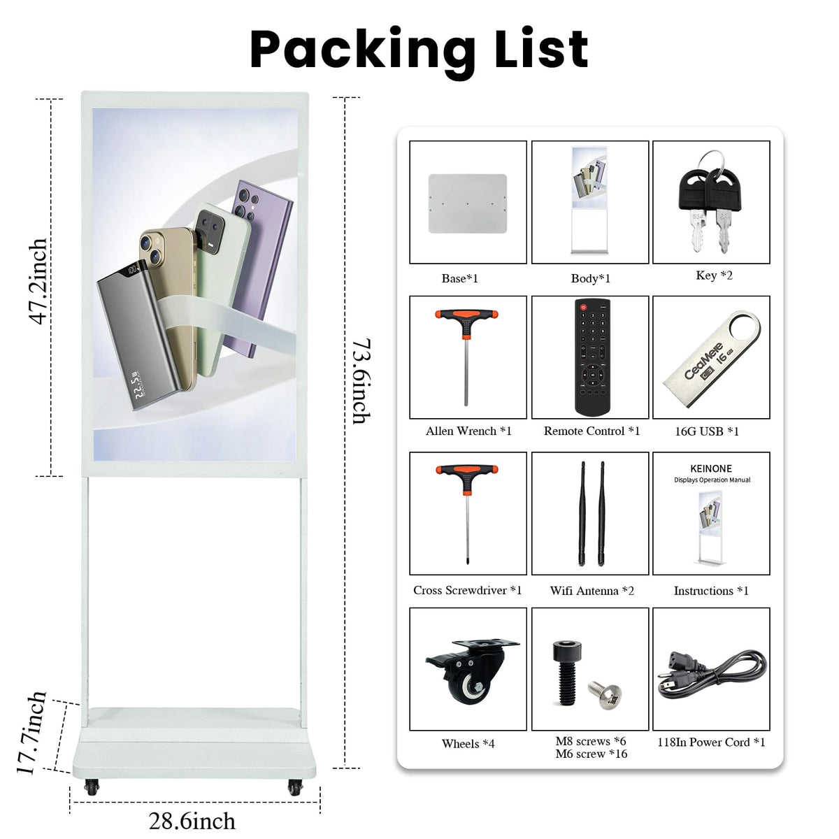 KEINONE 43" Digital Signage Display, 4K LCD Indoor Digital Signage Kiosk, Commercial Indoor Digital Signage, Floor Standing Advertising Player, USB WiFi Bluetooth Input, 4+32GB, Android 14.0 White