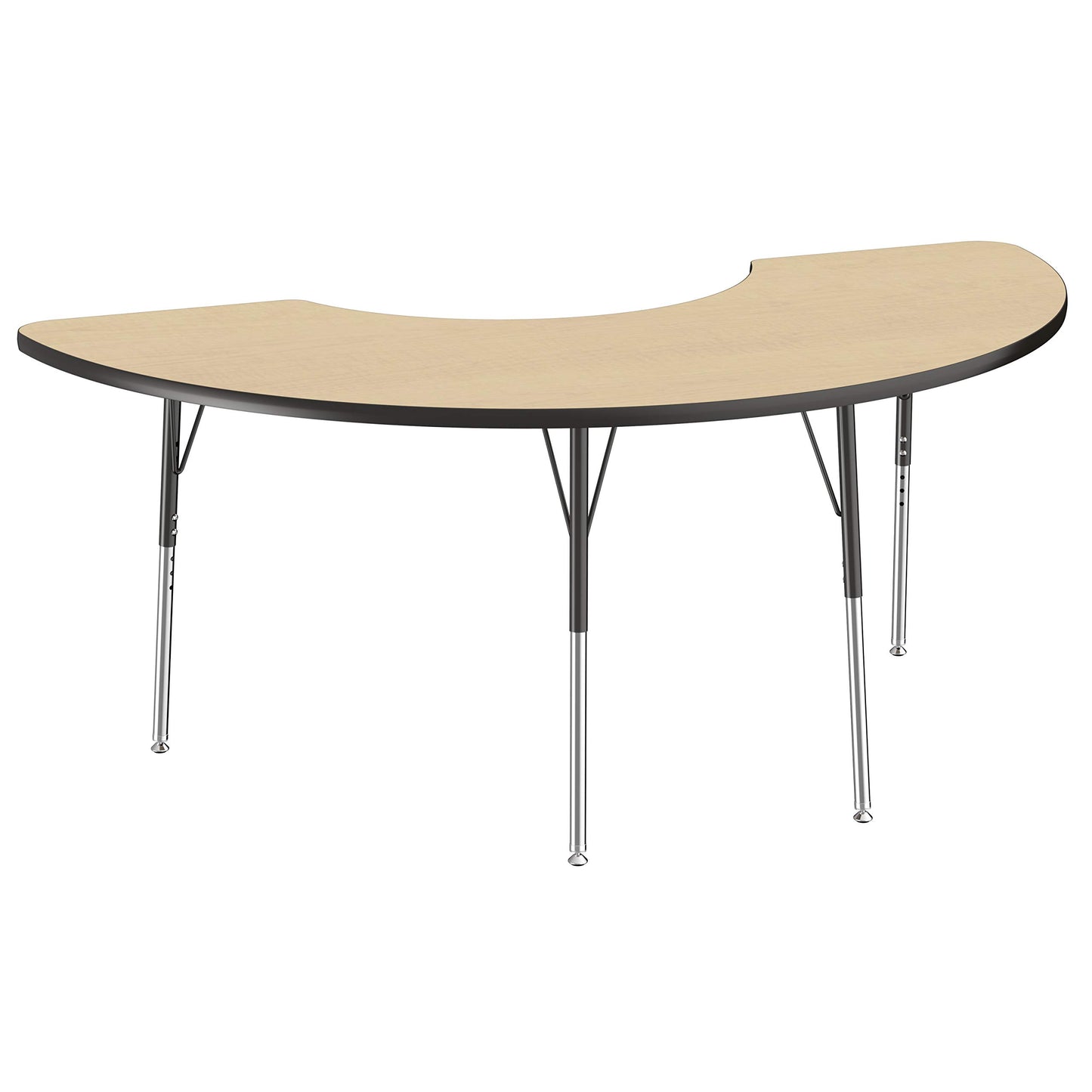 FDP Half Moon Activity School and Office Table (36 x 72 inch), Standard Legs with Swivel Glides for Collaborative Seating Environments, Adjustable Height 19-30 inches - Maple Top and Black Edge
