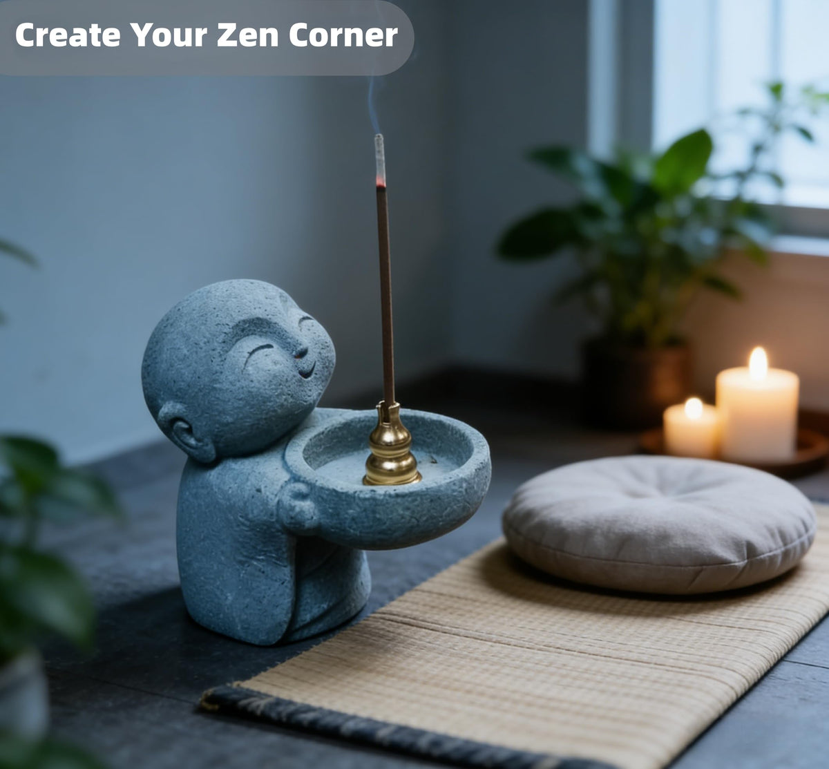 Zen Monk Incense Holder, Sandstone Ksitigarbha Statue for Mindfulness Meditation, Feng Shui Buddha Decor for Home Office, Cute Little Figurine as Candle/Tea Light Stand, Consecrated with Amulet