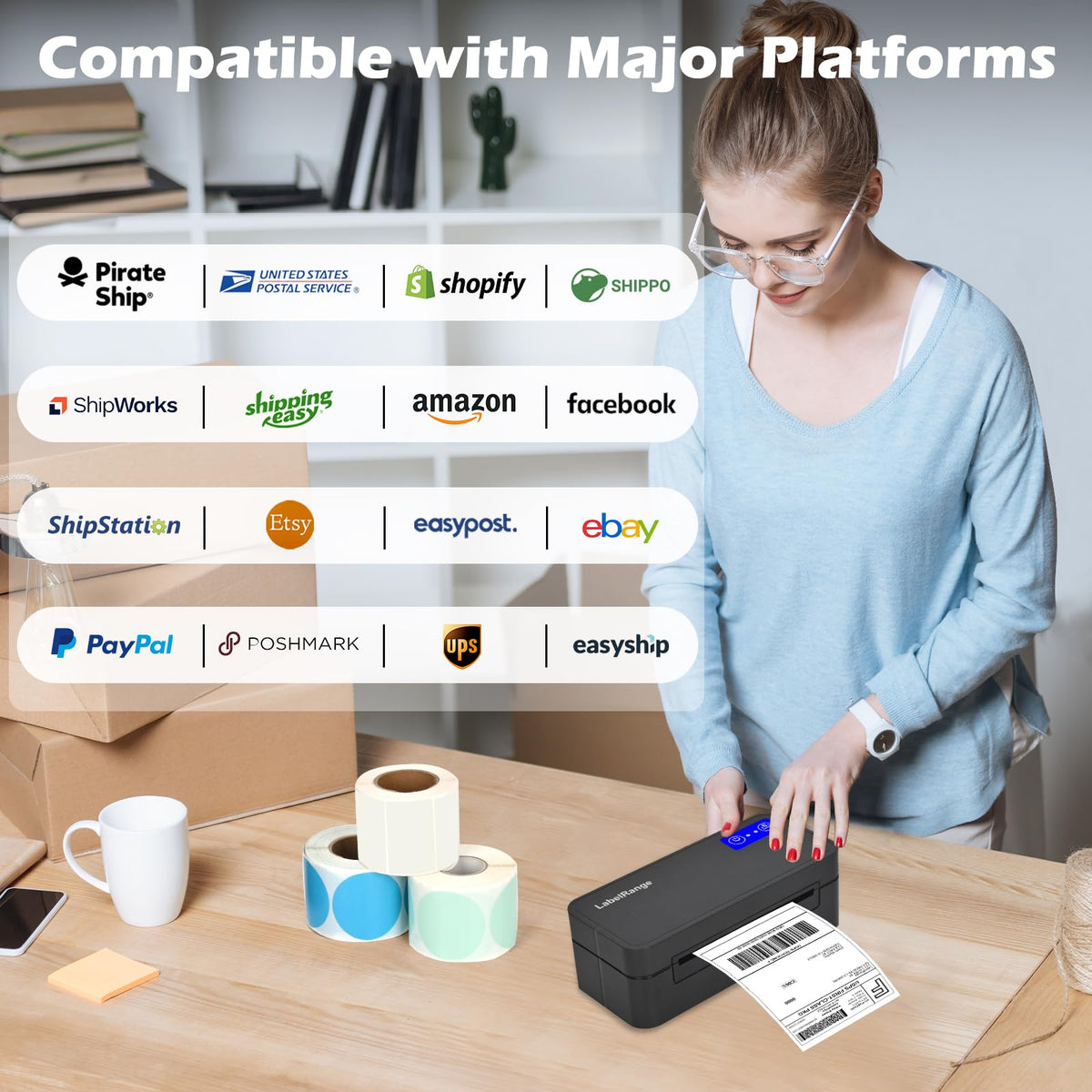 Bluetooth Thermal Label Printer for Mac, Windows, Phone, Tablet, Wireless 4x6 Shipping Label Printer for Shipping Packages, Support USPS, Amazon, Pirate Ship, Shopify