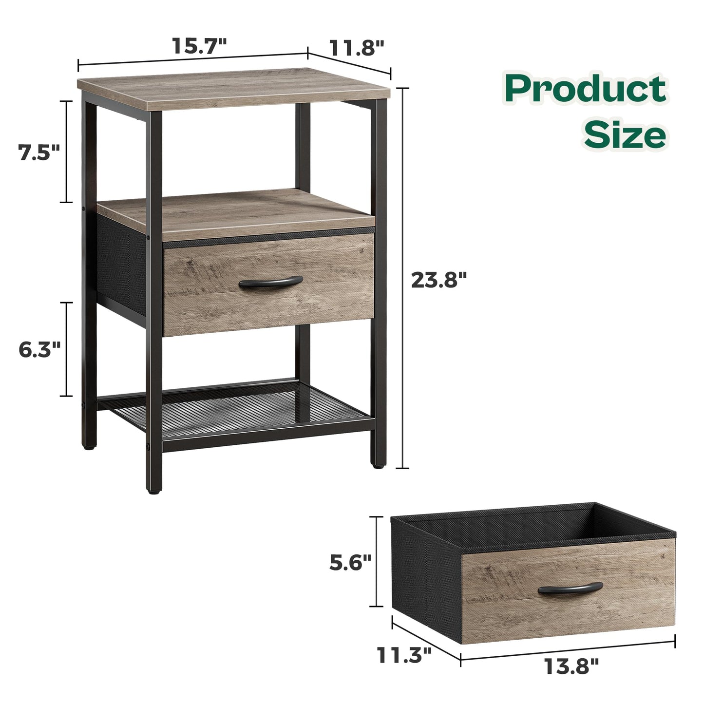Huuger Nightstand Set of 2, Night Stand with Fabric Drawer, Mesh Shelf, Side Table with Storage, Fabric Drawer Dresser, Open Shelf, Metal Frame, Bedroom, Oak