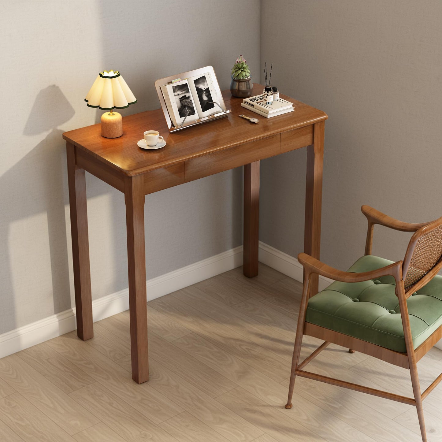 Love-KNPTUS Solid Wood Desk with Drawers - 31.5" Narrow Desks for Small Spaces, Mid Century Modern Desks, Small Wooden Vintage Computer Writing Desk, Study Table for Home Office Bedroom, Walnut