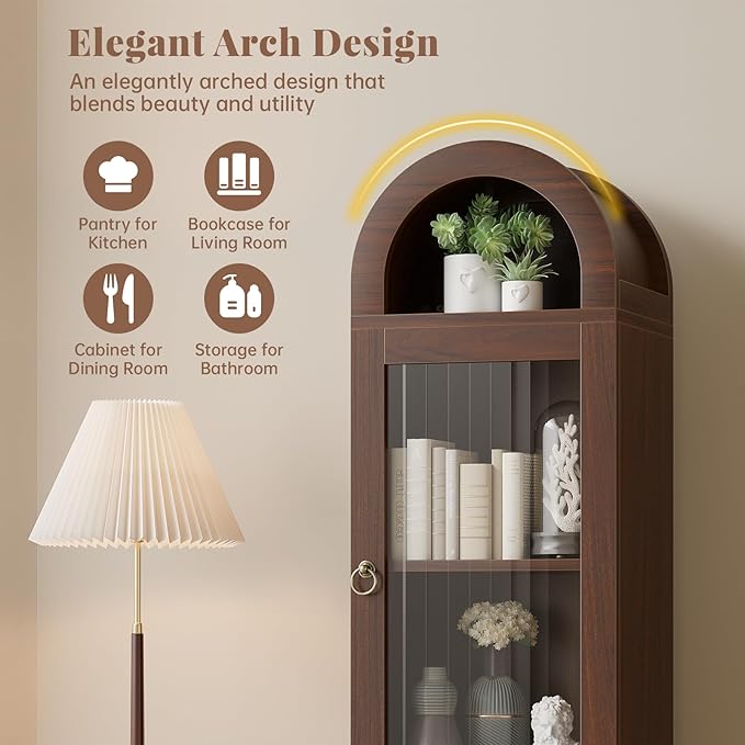71" Tall Arched Cabinet with Acrylic Door, Modern Curio Arched Bookcase with