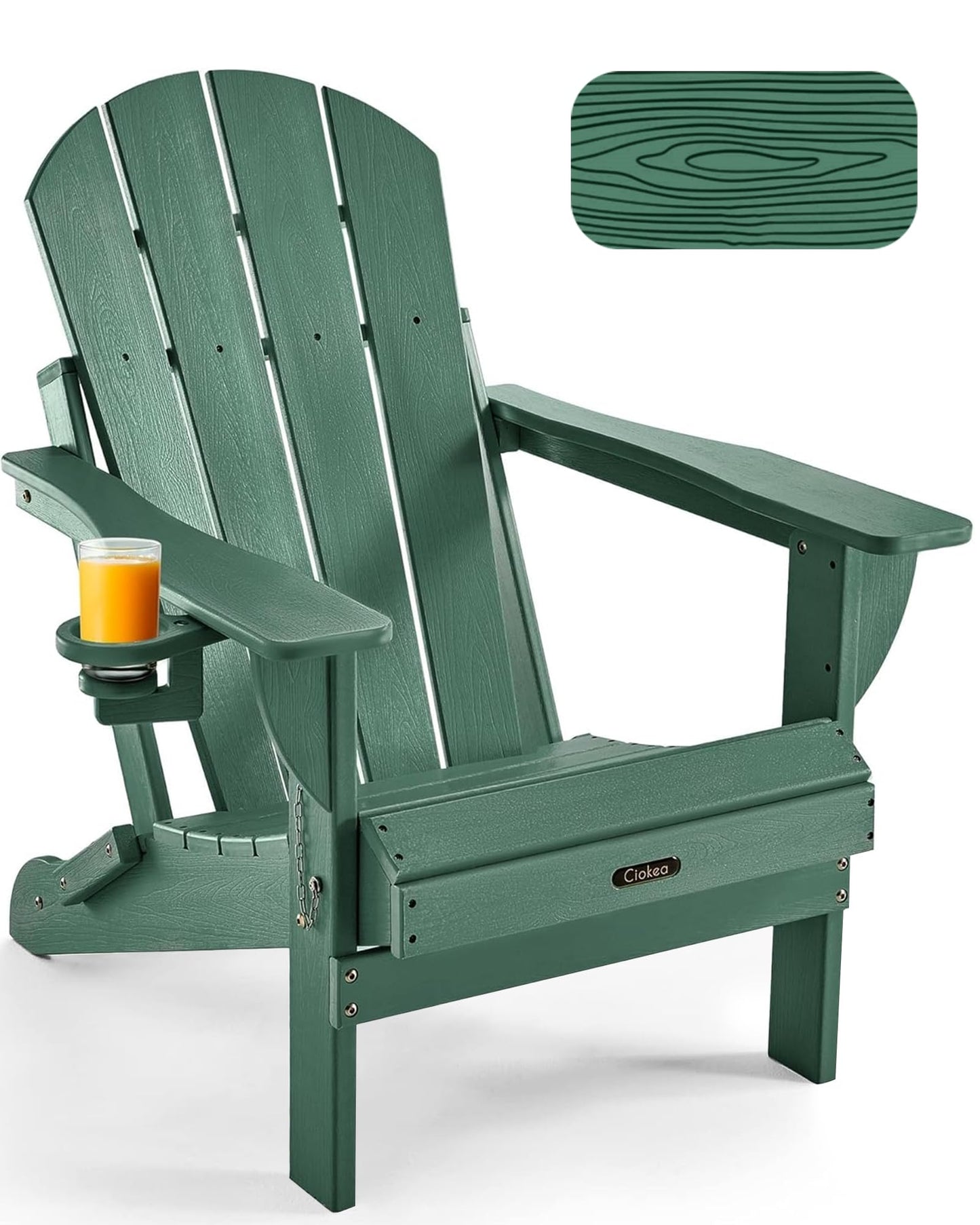 Ciokea Folding Adirondack Chair Wood Texture, Patio Adirondack Chair Weather Resistant, Plastic Fire Pit Chair with Cup Holder, Lawn Chair for Outdoor Porch Garden Backyard Deck (Green)