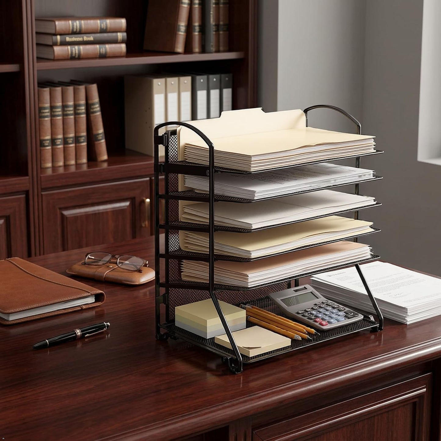 Simple Houseware 6-Tier Sliding File Organizer, Desk Letter Tray for Document and Mail Sorting, Black
