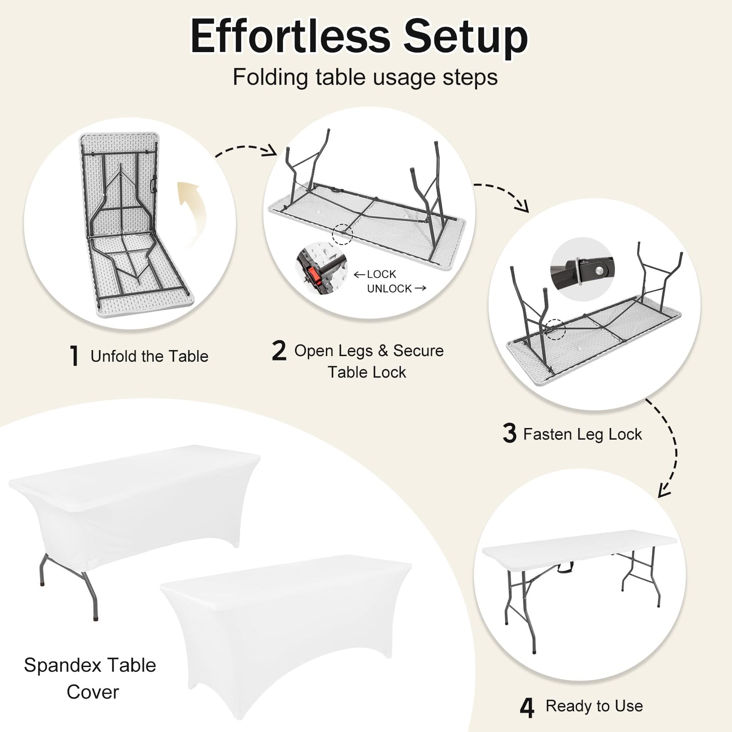 1 Set 6 FT Rectangle Folding Table with Carrying Handle, Lightweight Fold-in-Half Utility Table, with Matching White Stretch Spandex Covers, Ideal for Weddings, Parties, Camping, Banquets, Crafts