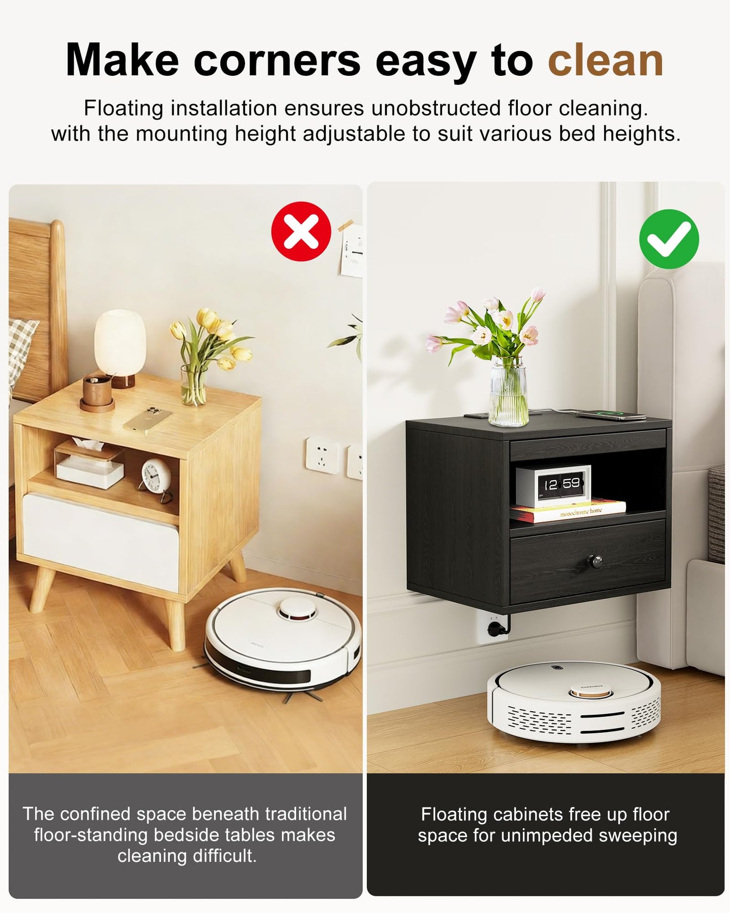Floating Nightstand with Charging Station,Modern Bedside Table with Drawers and Extension Panel, Small Wall Mounted Nightstands for Bedroom Room，Floating Sofa Side Table（ Black ）
