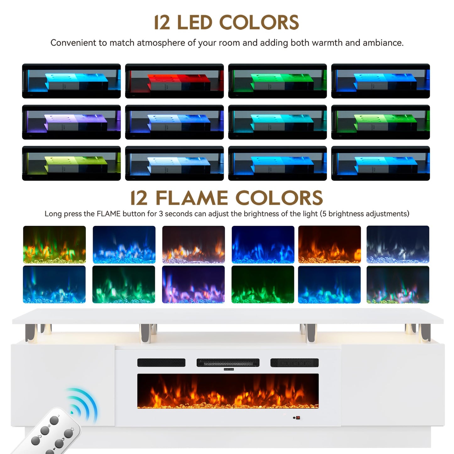 OneBlis 70" Fireplace TV Stand for TVs UP to 80", Electric Fireplace Entertainment Center with LED Lights & Storage Cabinets, TV Console for Living Room, Office, White-White