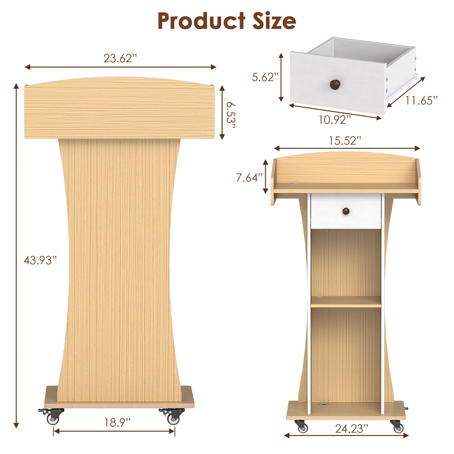 Qriocioa Podium Stand with Metal Wheels Wooden Lectern Podium Stand Portable Pulpit Standing with Storage Mobile Reception Podiums Desk for Church Office School Conference Restaurant Meeting,Wood