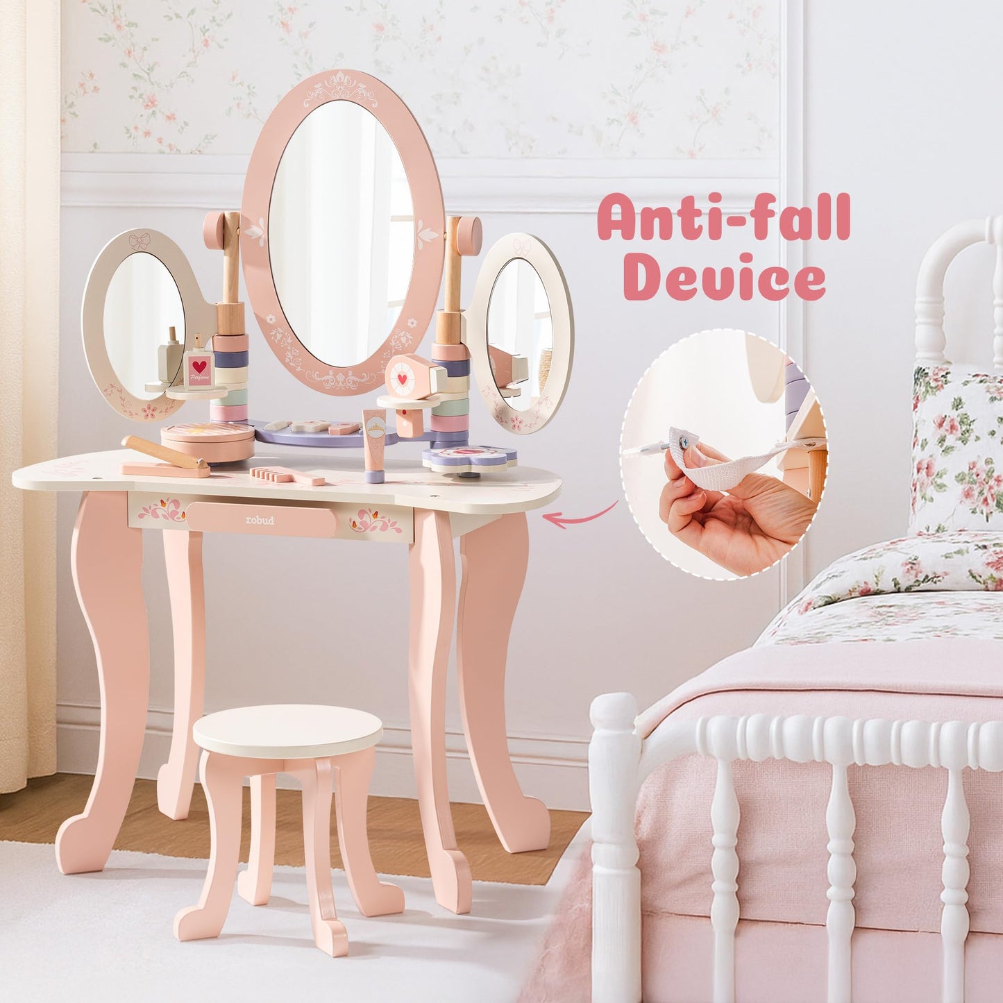 ROBUD Kids Vanity Table and Chair Set, Pink Girls Vanity with 11Pcs Accessories, Pretend Play Kids Vanity with Mirror and Drawer, Princess Makeup Desk Dressing Table, Ideal Gift for Girls Age 3+