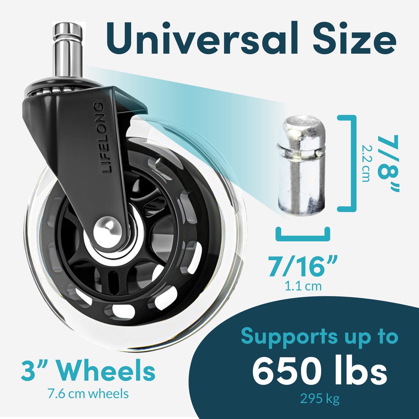 Lifelong Original Office Chair Wheels (As Seen On CNN) Replacement Rubber Chair Casters for Hardwood Floors and Carpet, Set of 5, Heavy Duty Casters for Chairs to Replace Office Chair Mats - Fits 98%