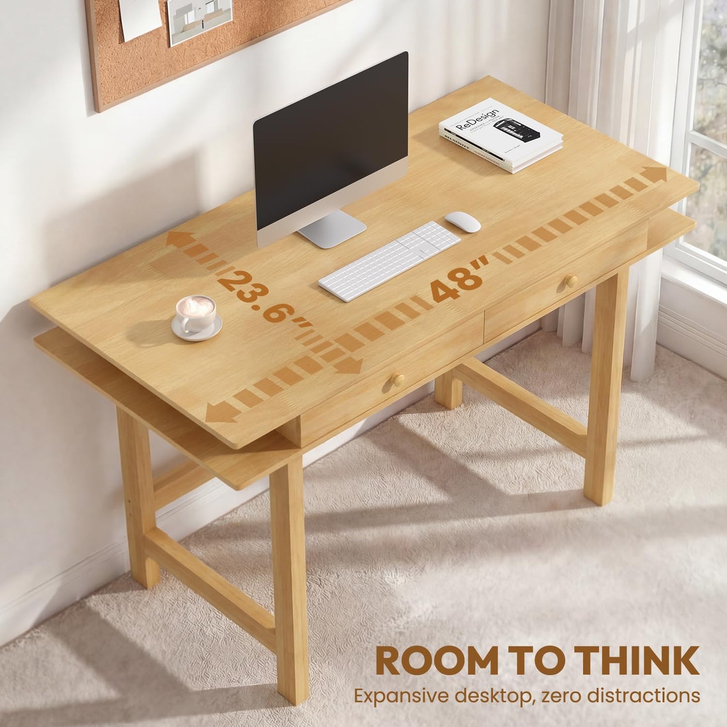 ELEVAQ Double-Top Solid Wood Desk - 48-Inch Mid-Century Modern Writing Table with Drawers for Home Office, Study, and Creation, Rubberwood Computer Desk in Honey Oak
