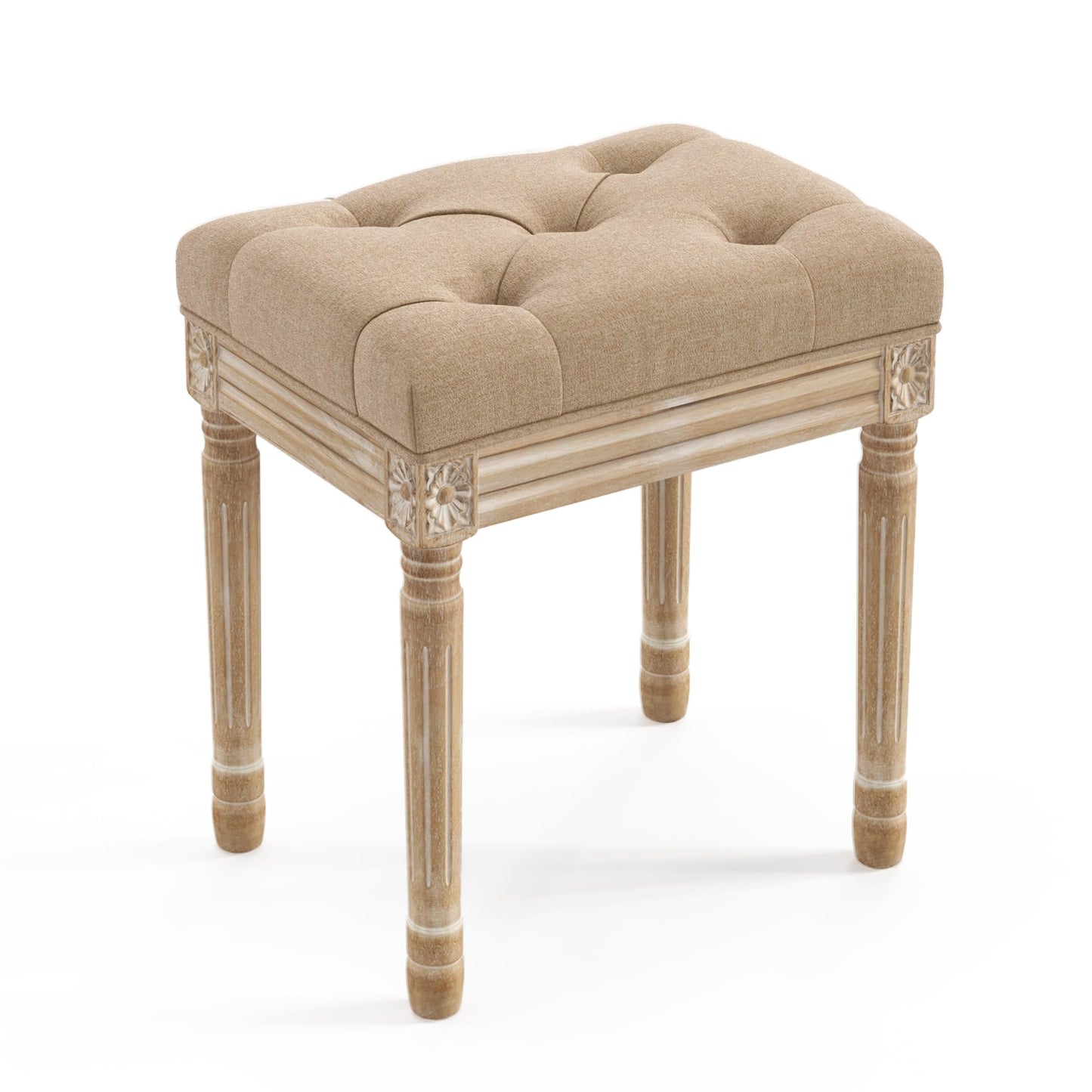 LUE BONA Upholstered Fabric Vanity Bench Seat, Makeup Stools for Vanity, Square Tufted Ottoman Bench with Carved Wood Color Legs for Bedroom Living Room, Wheat Color
