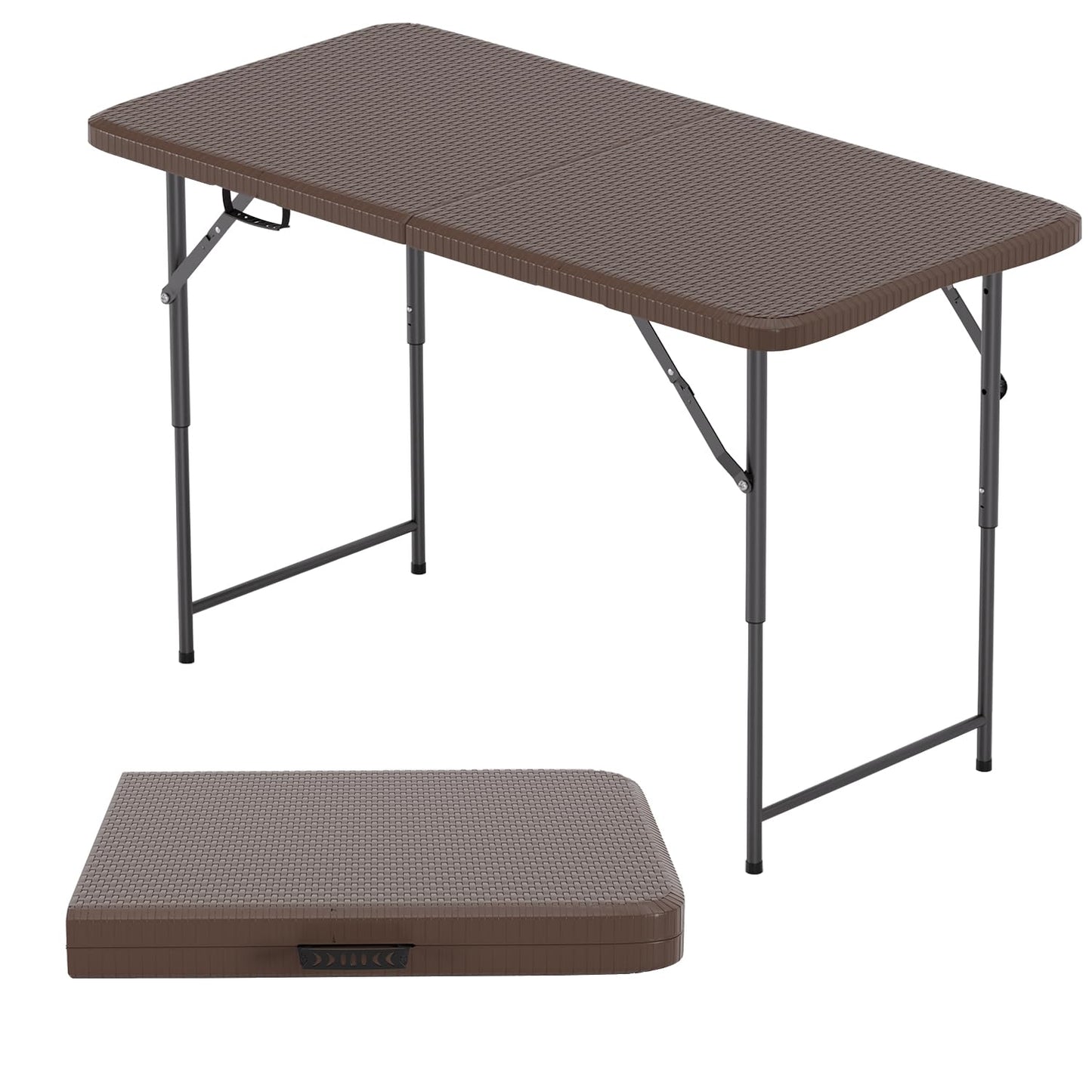 BestOffice 4 FT Picnic Table Folding Table Camping Plastic Table Fold Up Table Lock for Party Event, Brown Ratten