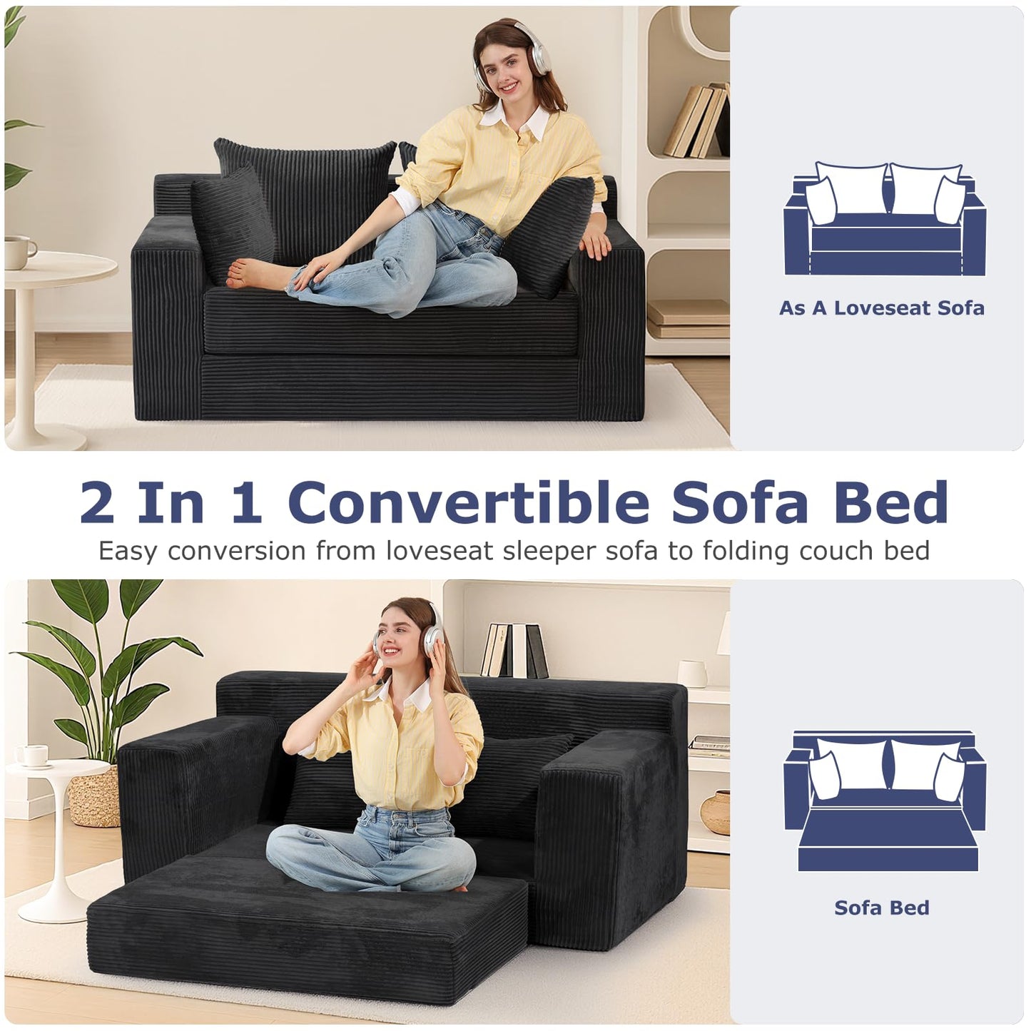 feliz home Convertible Sofa Bed, Boneless Couch Loveseat, 2 in 1 Folding Couch Bed, Fold Out Comfy Floor Futon Sofa with Pillows for Living Room Bedroom, Black