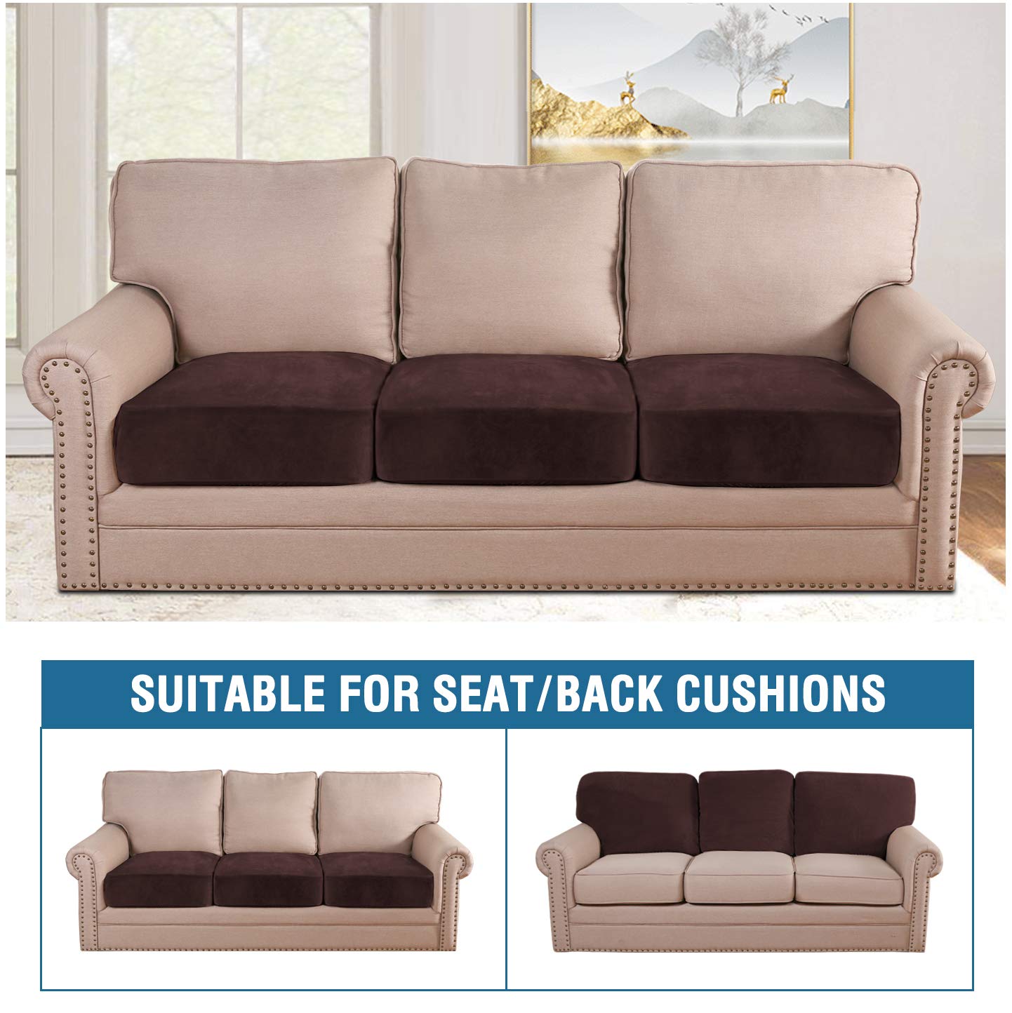 H.VERSAILTEX Velvet Stretch Couch Cushion Cover Plush Cushion Slipcover for Chair Loveseat Sofa Cushion Furniture Protector Seat Cushion Sofa Cover (3 Piece Sofa Cushion Covers, Brown)
